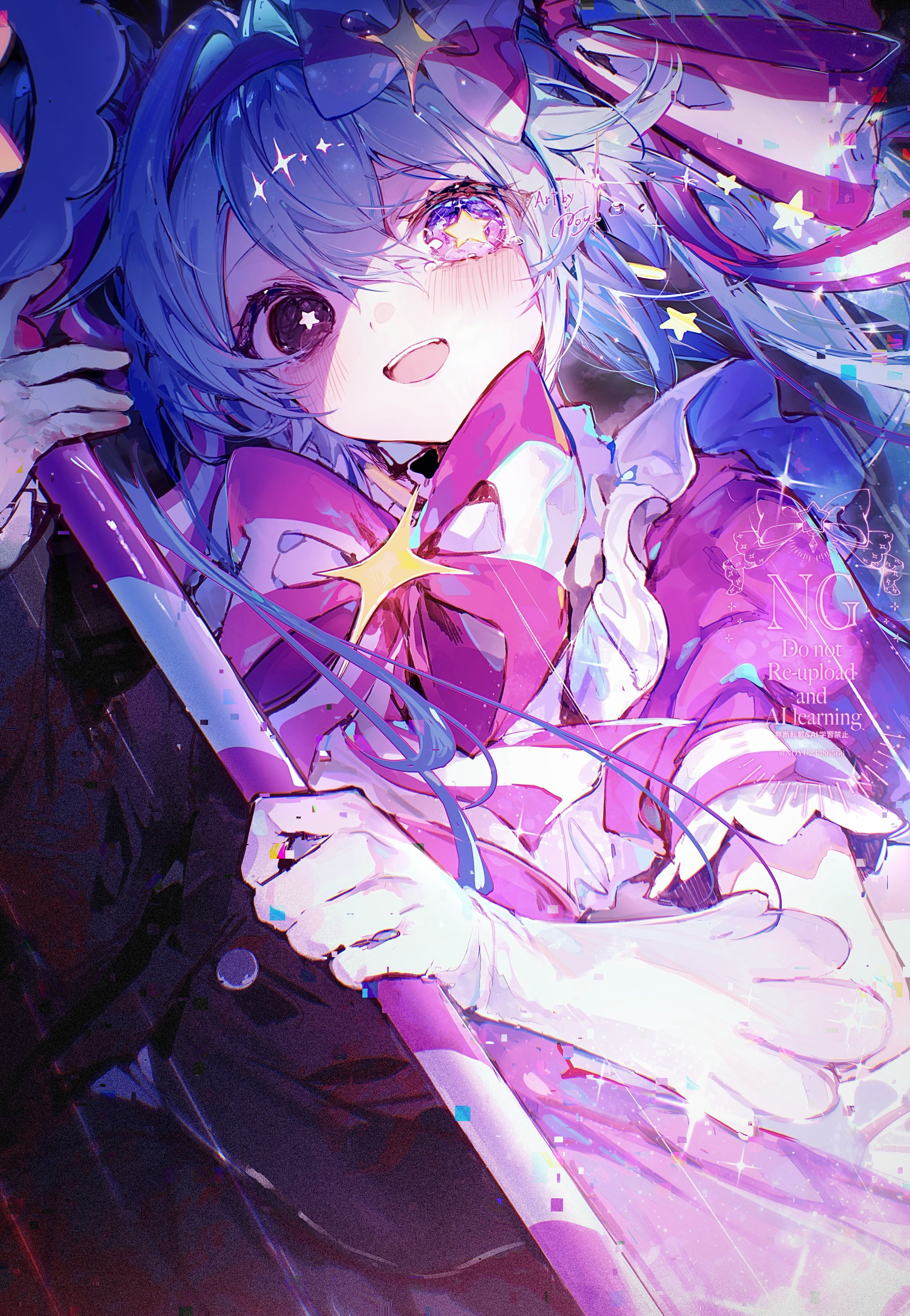 noyu (noyu23386566), hatsune miku, vocaloid, absurdres, highres, 1girl, black eyes, blue hair, blush, bow, dress, frills, gloves, heterochromia, holding, long hair, looking at viewer, open mouth, pink bow, pink ribbon, puffy sleeves, purple eyes, ribbon, short sleeves, smile, solo, star-shaped pupils, star (symbol), star in eye, symbol-shaped pupils, symbol in eye, teeth, twintails, upper body, upper teeth only, white gloves
