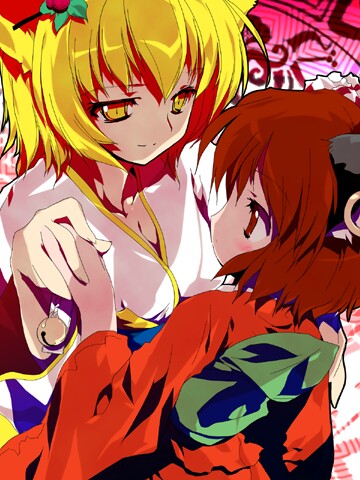 alphes, chen, yakumo ran, touhou, lowres, 2girls, animal ears, bell, blonde hair, blush, brown eyes, brown hair, cat ears, cat girl, earrings, female focus, flat chest, fox ears, game, hat, japanese clothes, jewelry, kimono, lilyran, multiple girls, nekomata, short hair, yellow eyes, yukata