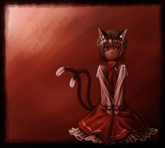 chen, touhou, 1girl, animal ears, brown hair, cat ears, cat girl, dress, female focus, flat chest, game, gradient background, hat, nekomata, red eyes, short hair, solo