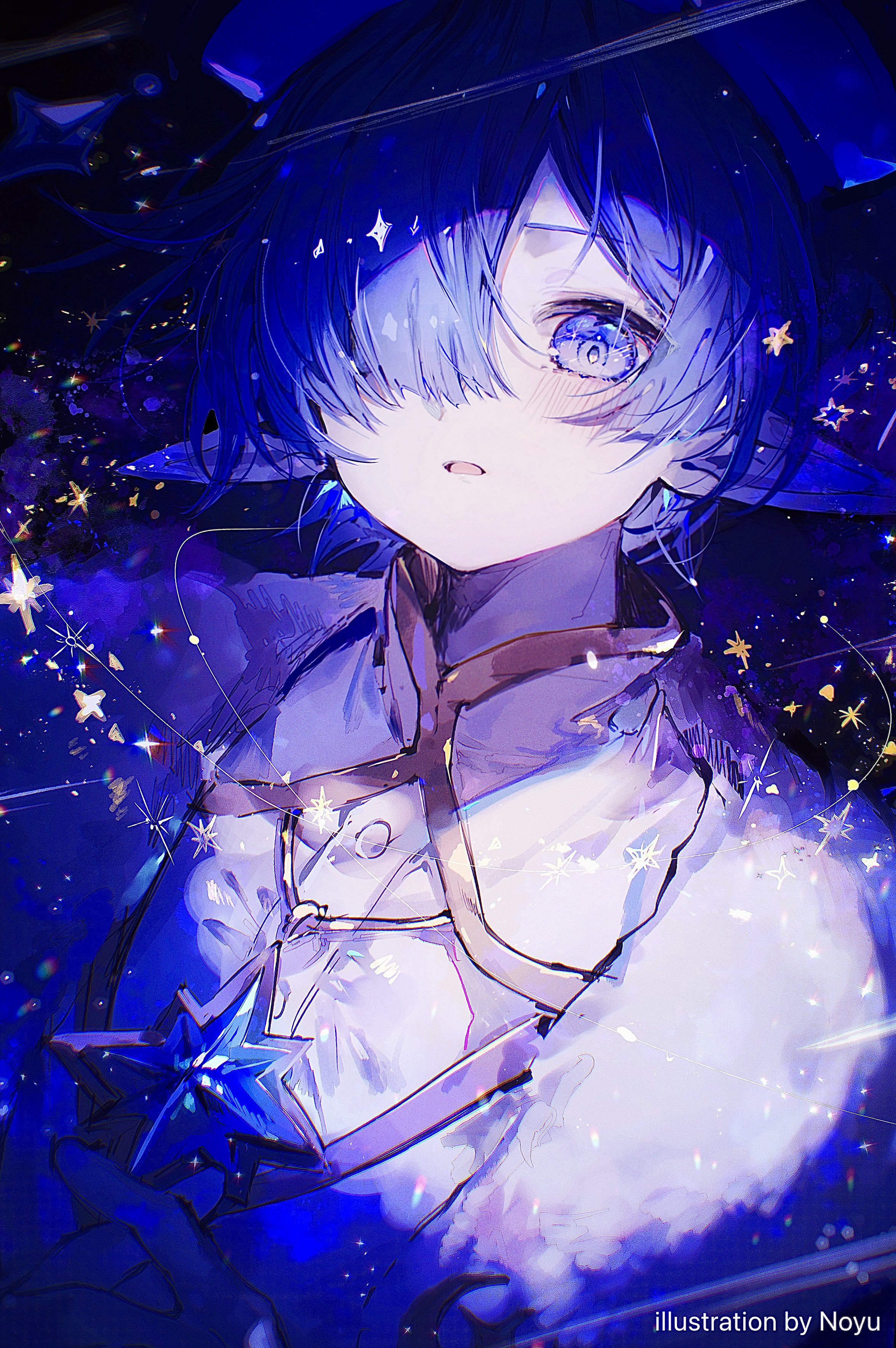 noyu (noyu23386566), original, absurdres, highres, 1boy, bishounen, blue eyes, blue hair, blush, hair over one eye, looking at viewer, male focus, pointy ears, shirt, short hair, solo, star (symbol), upper body, white shirt