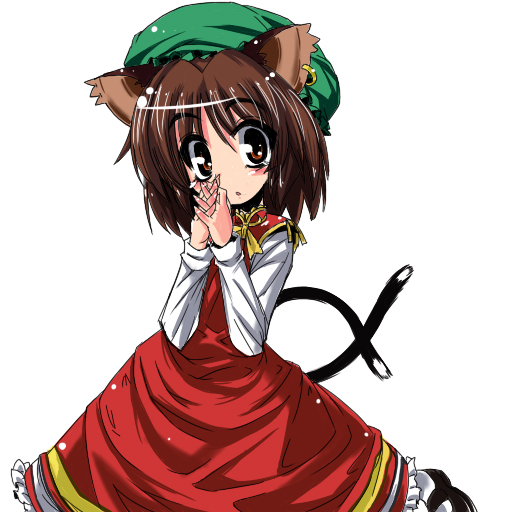 chen, touhou, 1girl, animal ears, blush, brown eyes, brown hair, cat ears, cat girl, dress, female focus, flat chest, hat, nekomata, piercing, short hair, simple background, solo, white background