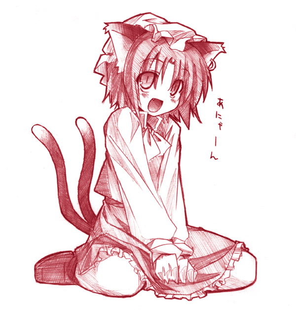 yuuki eishi, chen, touhou, 1girl, animal ears, cat ears, cat girl, cat tail, dress, earrings, fang, female focus, flat chest, game, hat, jewelry, monochrome, multiple tails, nekomata, nyan, open mouth, red theme, short hair, sitting, sketch, slit pupils, smile, solo, tail, wariza