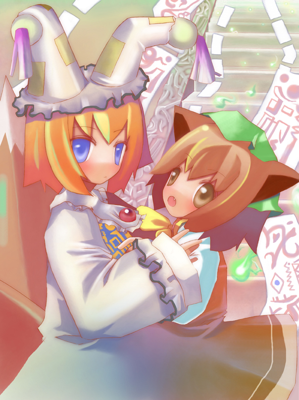 chen, yakumo ran, touhou, 2girls, animal ears, blonde hair, blue eyes, bow, brown eyes, brown hair, cat ears, cat girl, dress, female focus, fox ears, game, hat, lilyran, multiple girls, nekomata, short hair