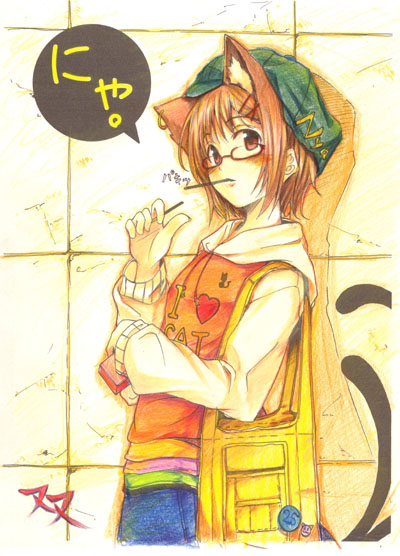 chen, touhou, 1girl, animal ears, brown hair, cat ears, cat girl, female focus, game, glasses, hat, nekomata, short hair, solo