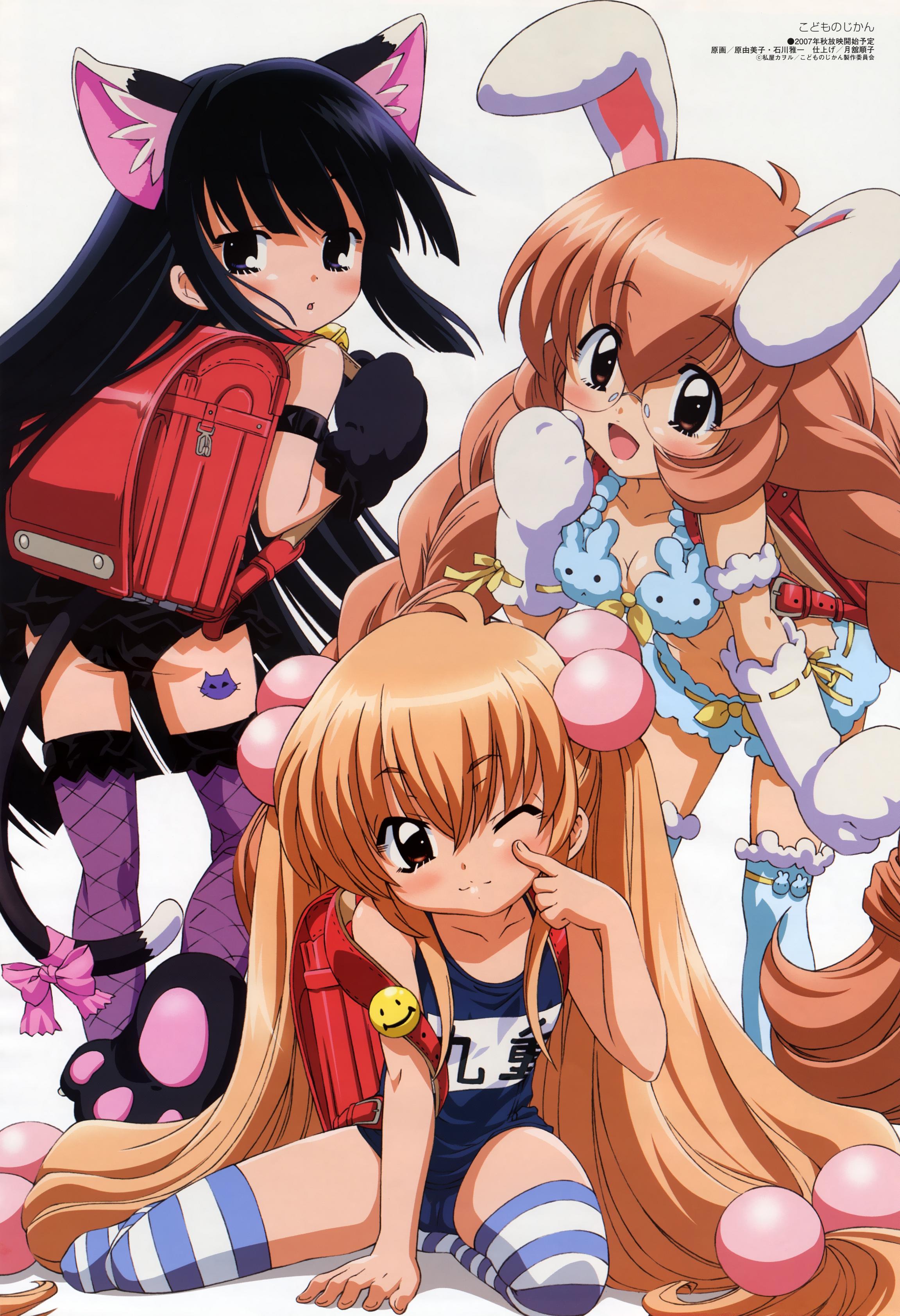 kagami kuro, kokonoe rin, usa mimi, kodomo no jikan, striped, absurdres, highres, 3girls, animal ears, backpack, bag, black eyes, black hair, blue eyes, blue one-piece swimsuit, blue school swimsuit, bow, braid, breasts, brown eyes, brown hair, cat ears, fake animal ears, fake tail, fishnets, flat chest, glasses, hair bobbles, hair ornament, loli, long hair, multiple girls, name tag, one-piece swimsuit, oppai loli, plait, rabbit ears, randoseru, red bag, ribbon, school swimsuit, shorts, socks, striped clothes, striped socks, striped thighhighs, swimsuit, tail, tail bow, tail ornament, tail ribbon, thighhighs, twintails