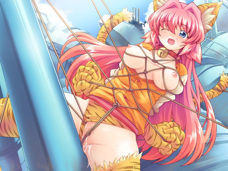 1girl, animal ears, bdsm, bell, blue eyes, bondage, bound, breasts, cat ears, cat girl, censored, collar, elbow gloves, fang, female focus, gloves, long hair, nipples, open clothes, open shirt, outdoors, pink hair, pussy, rope, shirt, sky, solo, tears, thighhighs