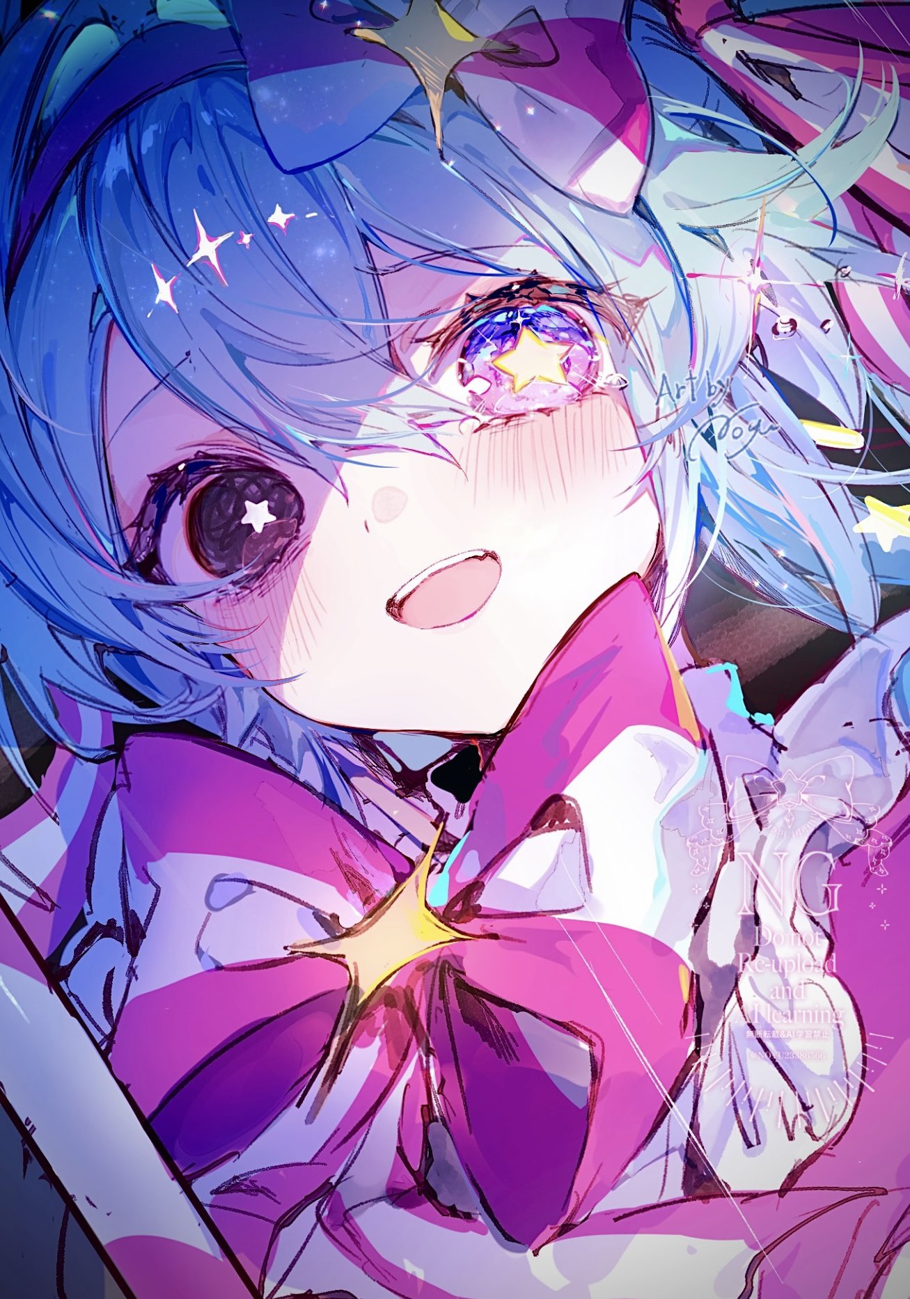 noyu (noyu23386566), hatsune miku, vocaloid, highres, 1girl, black eyes, blue hair, blush, bow, bowtie, hair between eyes, heterochromia, looking at viewer, open mouth, pink bow, pink bowtie, purple eyes, signature, smile, solo, sparkle, star-shaped pupils, star (symbol), symbol-shaped pupils, symbol in eye, teeth, upper teeth only