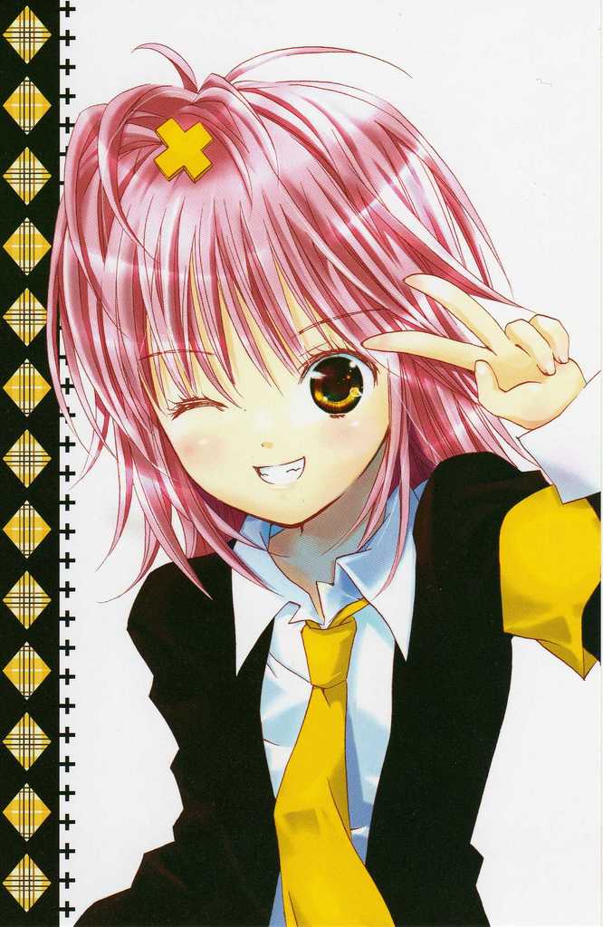 peach-pit, amu hinamori, hinamori amu, shugo chara!, official art, 1girl, blush, cross hair ornament, female focus, hair ornament, happy, long hair, necktie, one eye closed, pink hair, school uniform, serafuku, solo, wink, yellow eyes