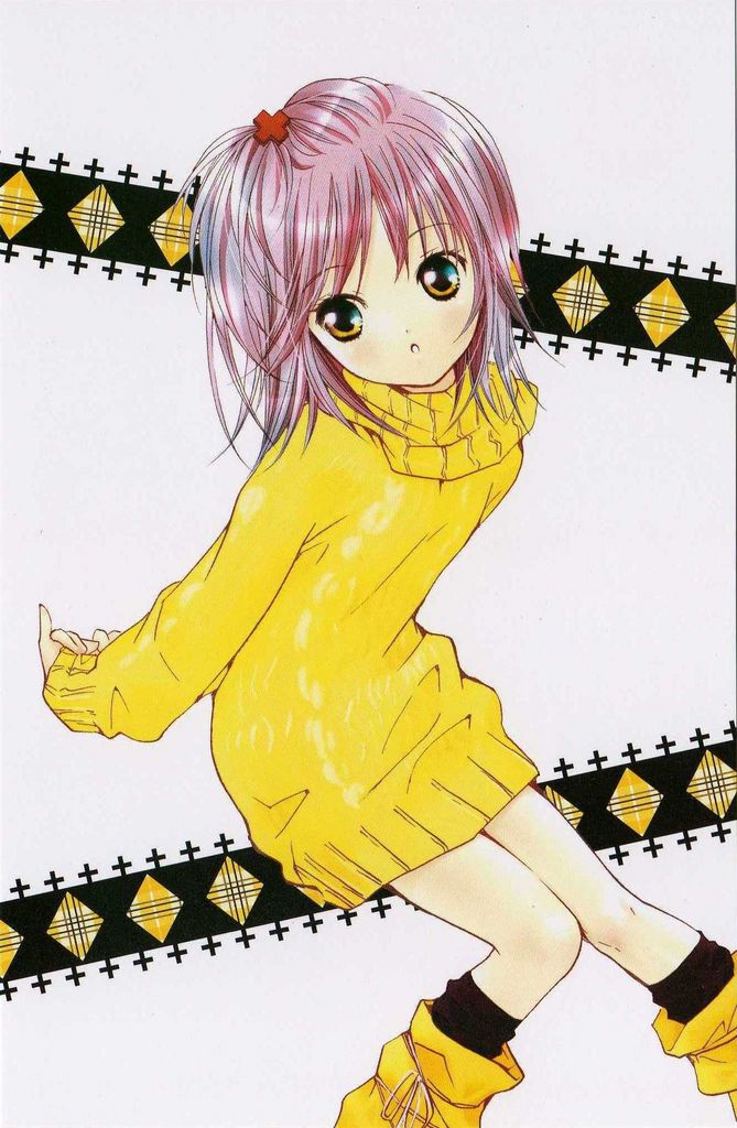 peach-pit, amu hinamori, hinamori amu, shugo chara!, black legwear, 1girl, :o, ankle boots, boots, brown eyes, cross hair ornament, dress, female focus, hair ornament, long hair, looking at viewer, parted lips, pink hair, solo, sweater, sweater dress, turtleneck, yellow boots, yellow dress