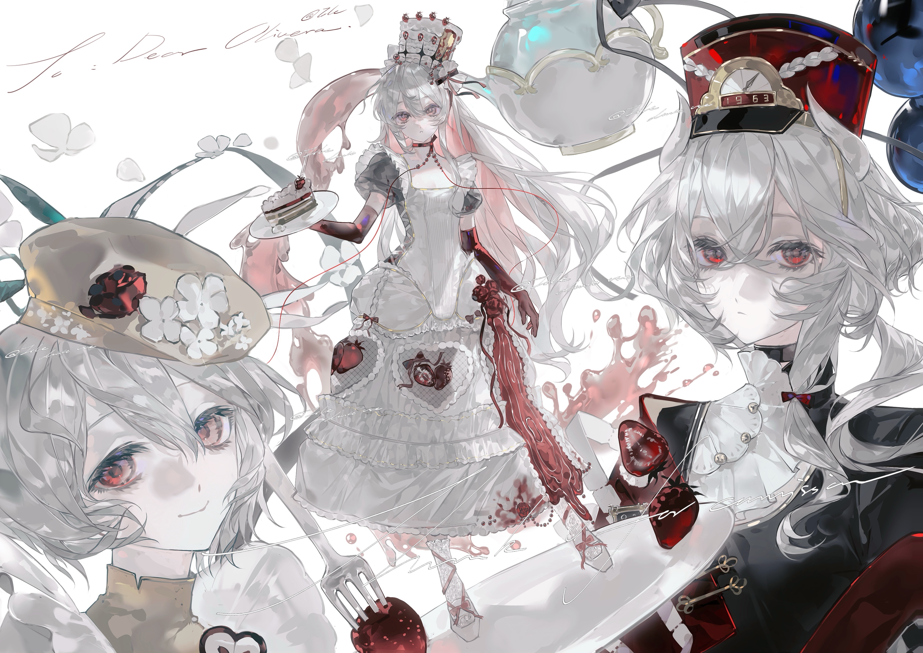 original, absurdres, highres, 1girl, cake, cake slice, crown, cup, dress, elbow gloves, flower, food, food print, fork, frilled dress, frills, fruit, fruit print, full body, gloves, grey hair, hair between eyes, hair ornament, hat, hat flower, heilanshuimuchu, holding, horns, long hair, looking at viewer, multicolored hair, multiple views, pink hair, plate, puffy short sleeves, puffy sleeves, red eyes, red flower, red gloves, short hair, short sleeves, smile, standing, strawberry, strawberry cake, strawberry print, strawberry shortcake, strawberry slice, teapot, too many, too many frills, white dress, white flower