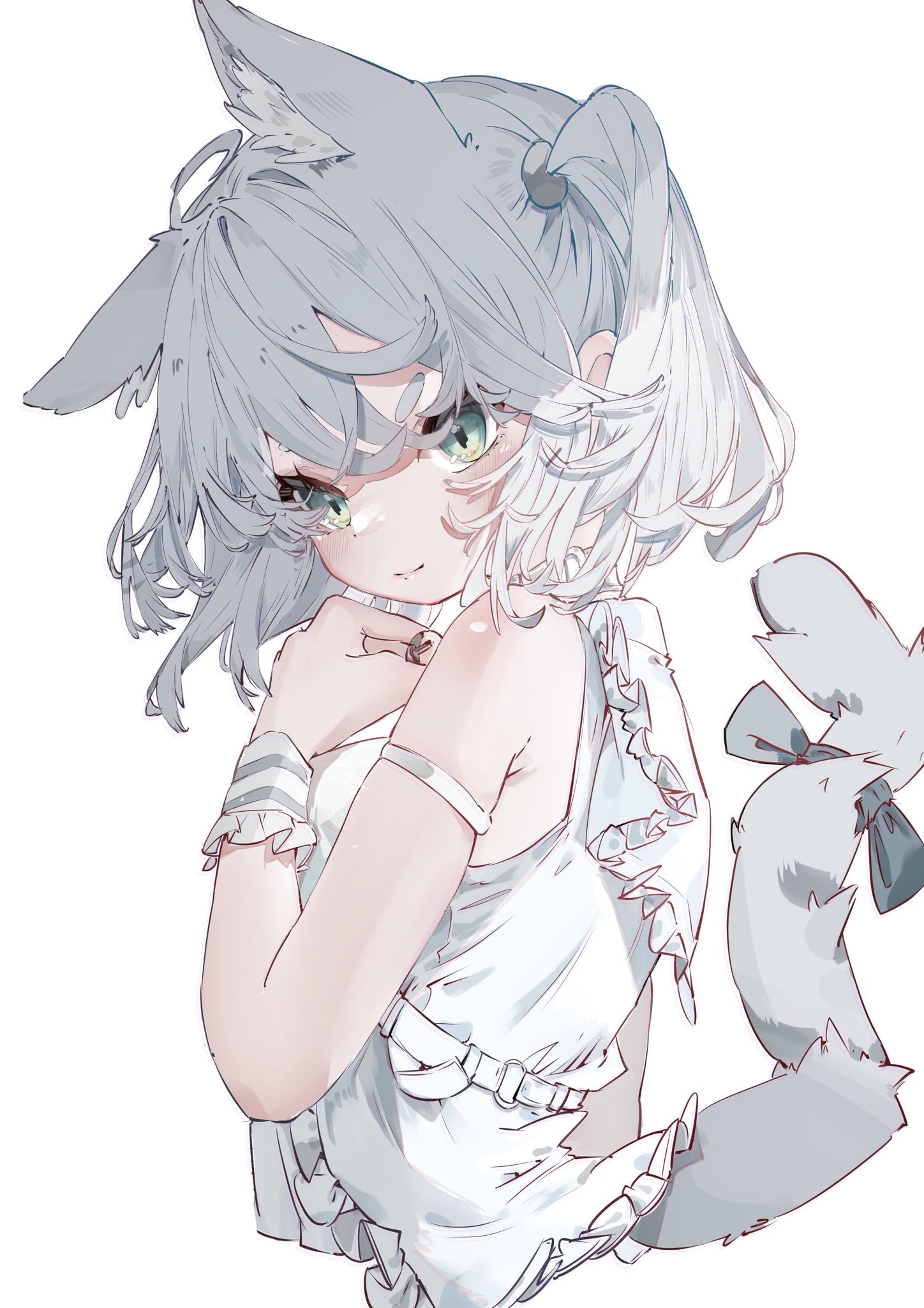 komi eshi, original, highres, 1girl, animal ear fluff, animal ears, bare shoulders, bow, breasts, cat ears, cat girl, cat tail, closed mouth, dress, frills, green eyes, grey hair, looking at viewer, ribbon, simple background, sleeveless, sleeveless dress, smile, solo, tail, tail bow, tail ornament, tail raised, tail ribbon, upper body, white background, white dress, white hair, wrist cuffs