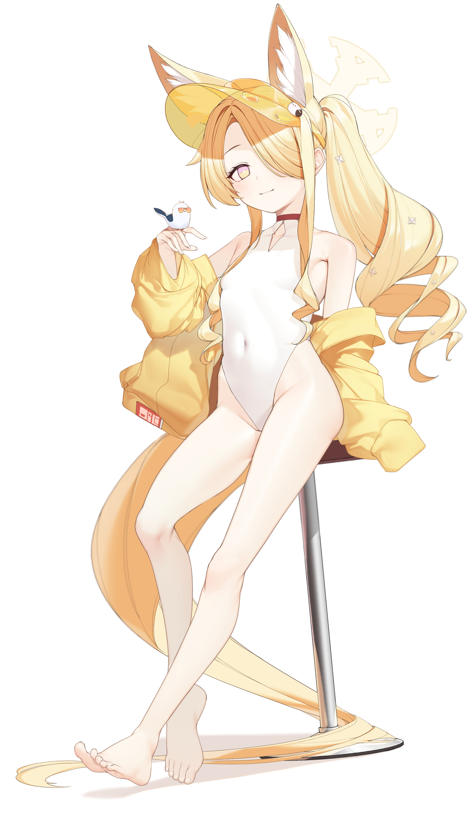 mokuren (mozukukirai88), seia (blue archive), seia (swimsuit) (blue archive), blue archive, absurdres, commentary request, highres, 1girl, animal ears, barefoot, bird, closed mouth, covered navel, feet, fox ears, fox girl, fox tail, full body, halo, highleg, highleg one-piece swimsuit, jacket, legs, long sleeves, looking at viewer, official alternate costume, one-piece swimsuit, pink eyes, simple background, smile, solo, swimsuit, tail, toes, visor cap, white background, white one-piece swimsuit, yellow halo, yellow jacket