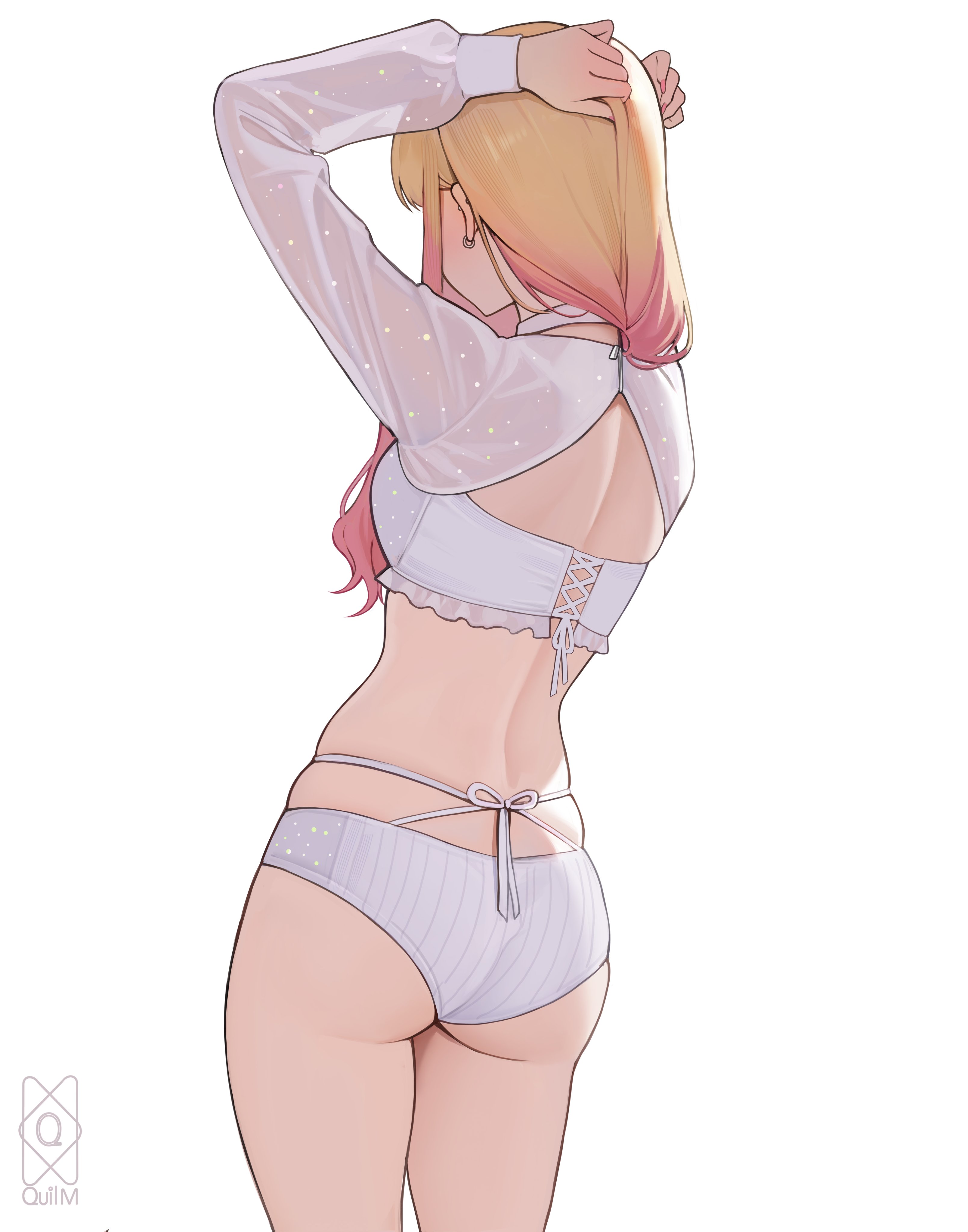 quilm, kitagawa marin, sono bisque doll wa koi wo suru, absurdres, commentary, highres, 1girl, arms up, ass, back, blonde hair, bra, breasts, earrings, facing away, from behind, gradient hair, jewelry, long hair, medium breasts, multicolored hair, panties, pink hair, simple background, solo, underwear, white background, white bra, white panties