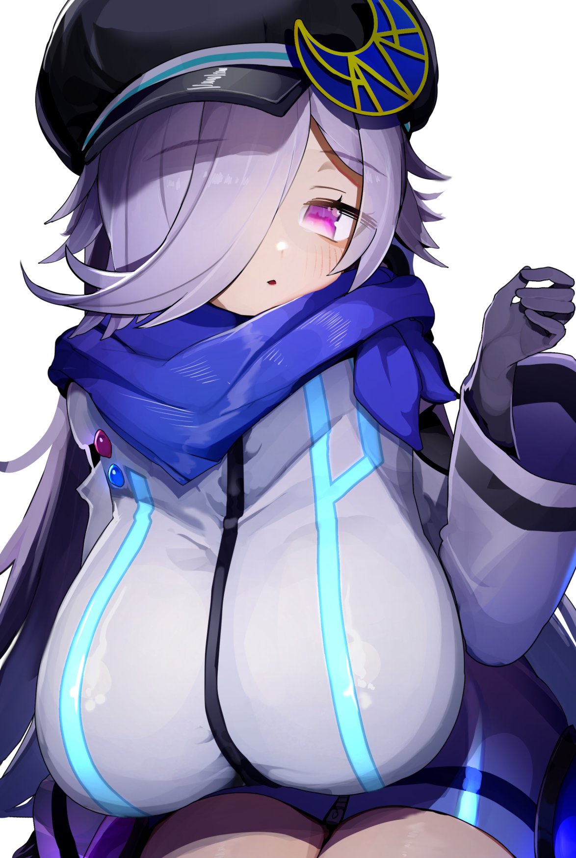 tamukoro, original, commentary request, commission, highres, second-party source, skeb commission, 1girl, black gloves, black hat, blue hair, blue scarf, blush, breasts, gloves, hair over one eye, hand up, hat, huge breasts, long hair, long sleeves, looking at viewer, parted lips, purple eyes, scarf, simple background, solo, thighs, white background