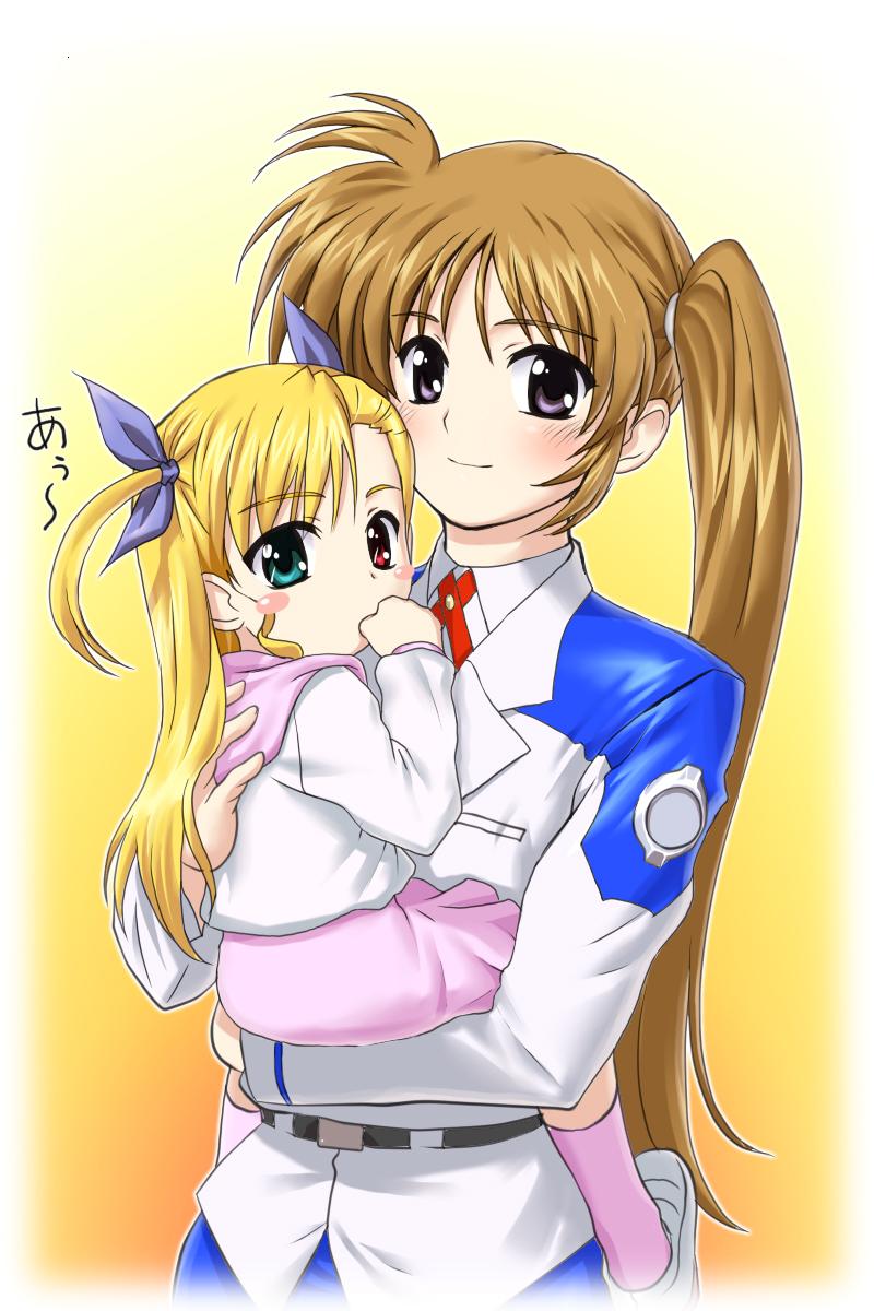 takamachi nanoha, vivio, lyrical nanoha, mahou shoujo lyrical nanoha, highres, 00s, blonde hair, brown hair, green eyes, heterochromia, long hair, odd eyes, ponytail, purple eyes, red eyes, side ponytail, skirt, twintails