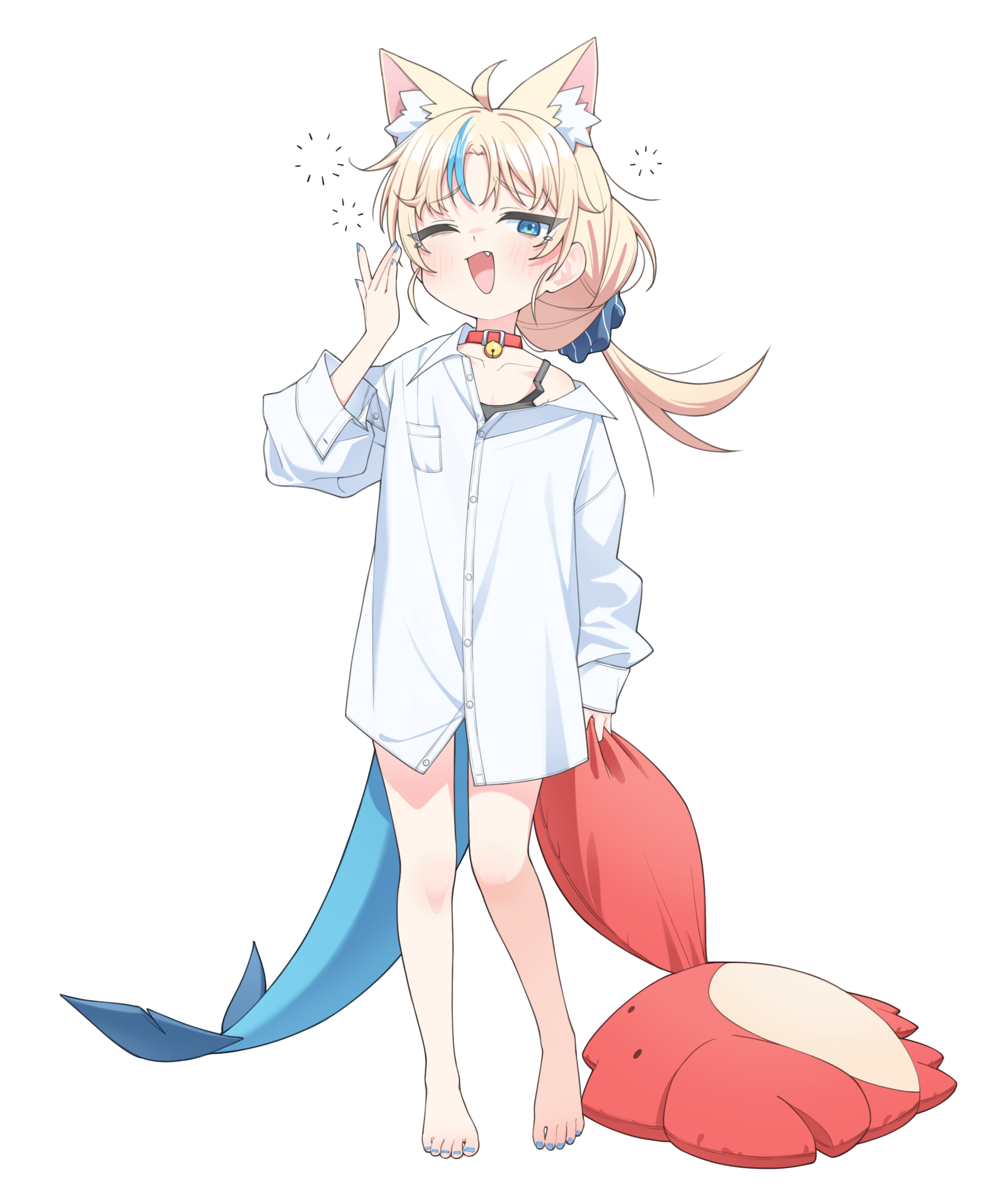 ugaaaa1, kaniki (sameko saba), sameko saba, indie virtual youtuber, absurdres, highres, 1girl, ;d, ahoge, animal ear fluff, animal ears, barefoot, bell, black tank top, blonde hair, blue eyes, blue nails, blue scrunchie, blue streaks, breast pocket, cat ears, collar, collarbone, collared shirt, fang, fins, fish tail, full body, hair ornament, hair scrunchie, hand to own mouth, holding, holding stuffed toy, looking at viewer, multicolored hair, nail polish, neck bell, no pants, one eye closed, open mouth, oversized clothes, pocket, red collar, scrunchie, shirt, sidelocks, single off shoulder, smile, solo, standing, streaked hair, stuffed toy, tail, tank top, toenail polish, toenails, virtual youtuber, white background, white shirt, yawning