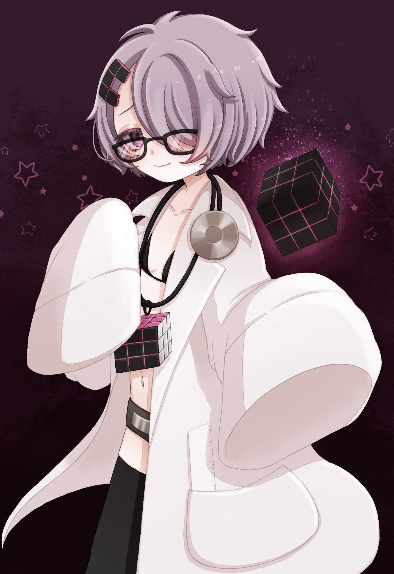 qoo 1025, mahou shoujo ikusei keikaku, mahou shoujo ikusei keikaku restart, highres, 1girl, black thighhighs, coat, glasses, hair ornament, keek, magical girl, purple background, purple eyes, purple hair, rubik's cube, ruler, short hair, smile, thighhighs, white coat