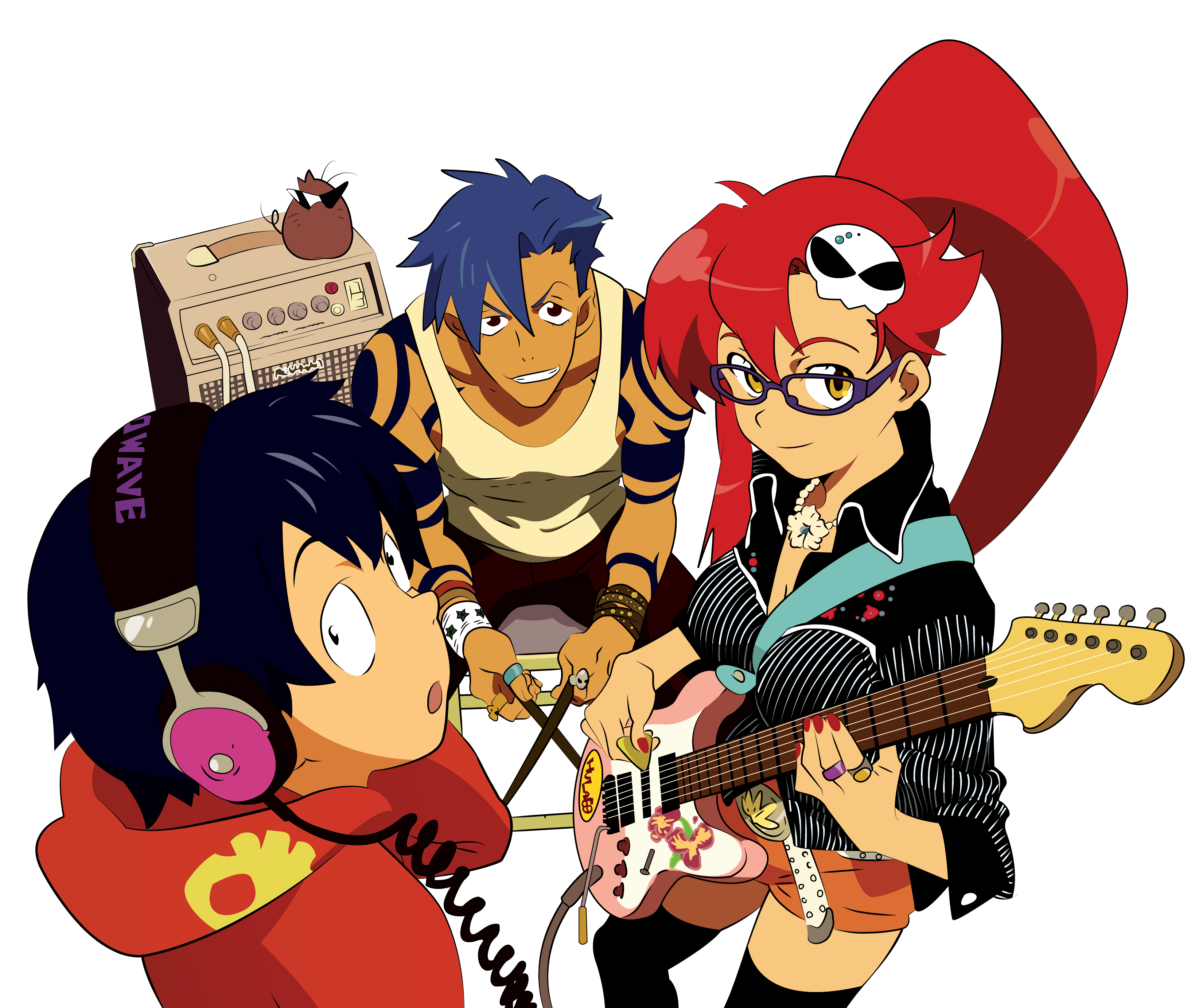 boota (ttgl), kamina (ttgl), simon (ttgl), yoko littner, gainax, tengen toppa gurren lagann, absurdres, derivative work, highres, vector trace, 00s, blue hair, glasses, guitar, headphones, instrument, long hair, ponytail, red hair, shorts, thighhighs, yellow eyes