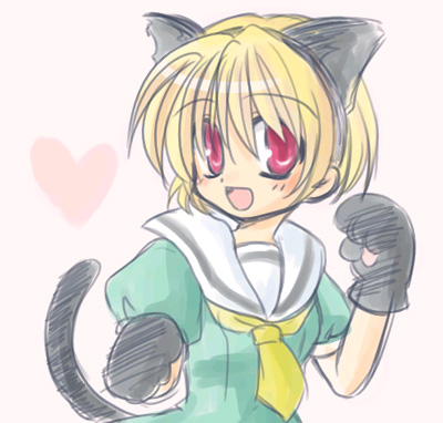 houjou satoko, higurashi no naku koro ni, lowres, 00s, 1girl, animal ears, blonde hair, cat ears, cat tail, dress, fake animal ears, female focus, gloves, heart, necktie, red eyes, school uniform, serafuku, short hair, solo, tail