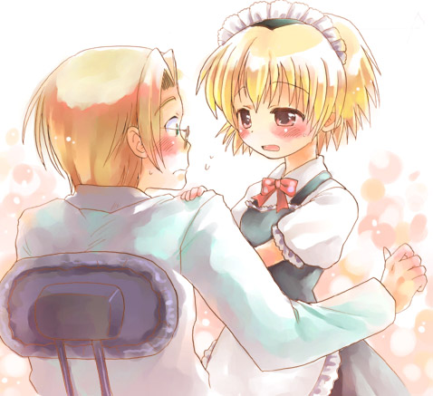 houjou satoko, higurashi no naku koro ni, lowres, 00s, 1boy, 1girl, apron, blonde hair, blush, bow, irie kyosuke, maid, maid apron, red eyes, short hair, waitress