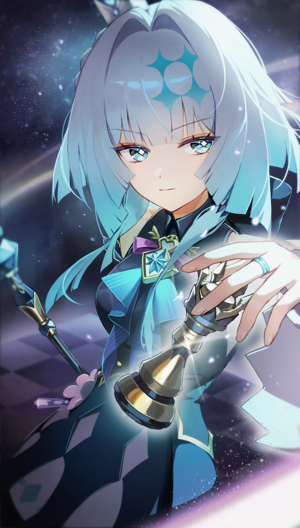 yanjem, cerydra (honkai: star rail), honkai: star rail, honkai (series), highres, 1girl, aqua eyes, aqua hair, blue dress, checkered clothes, chess piece, closed mouth, collared dress, crown, dress, hair intakes, holding, holding chess piece, holding wand, jewelry, king (chess), long hair, looking at viewer, mini crown, multicolored hair, ring, solo, tilted headwear, very long hair, wand, white hair