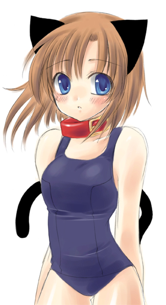 ryuuguu rena, higurashi no naku koro ni, 00s, animal ears, blue eyes, blush, brown hair, cat ears, cat tail, collar, one-piece swimsuit, school swimsuit, short hair, swimsuit, tail