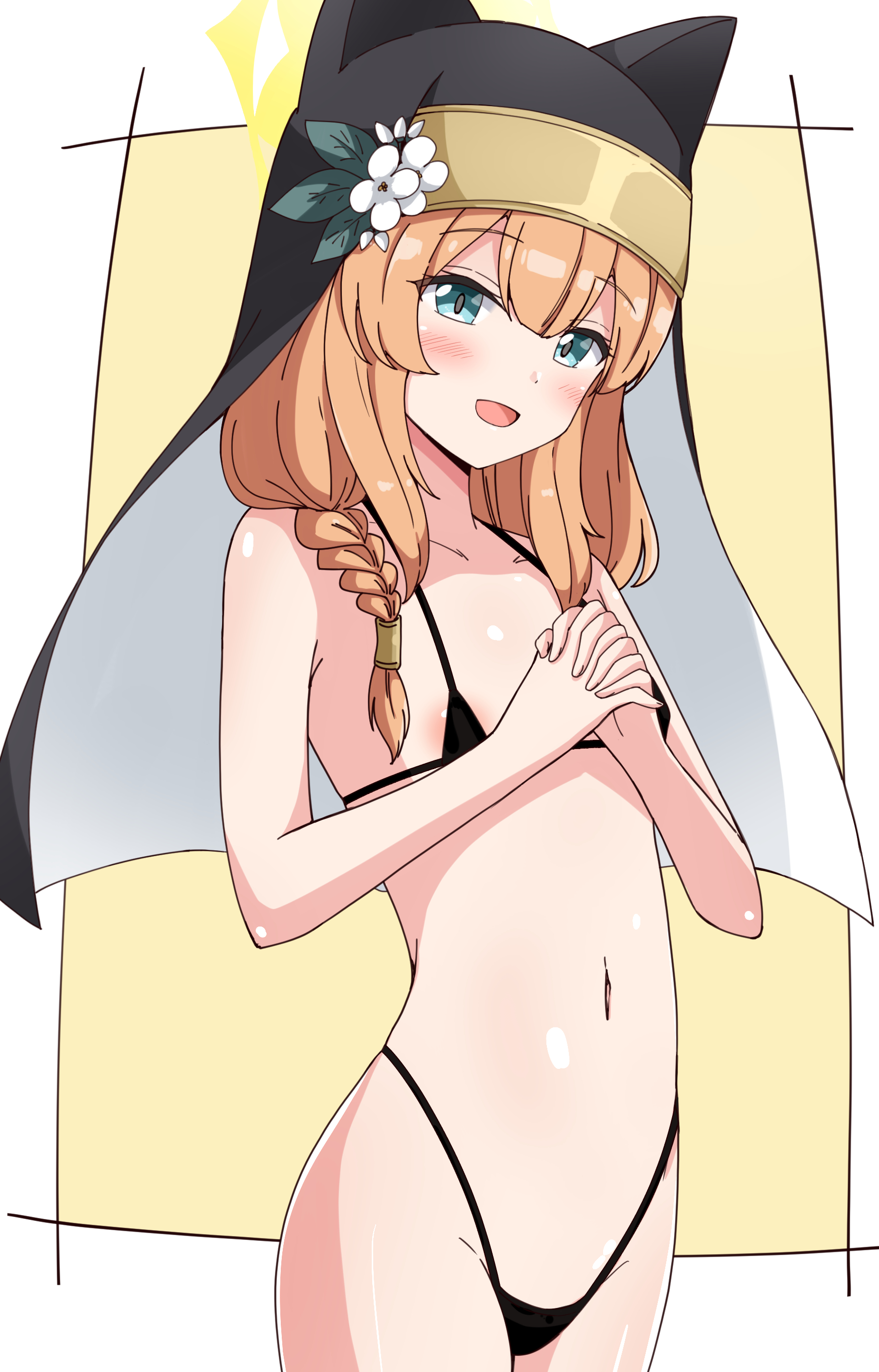 aikawa ryou, mari (blue archive), blue archive, absurdres, highres, 1girl, :d, animal ears, areola slip, bare arms, bare shoulders, bikini, black bikini, blue eyes, blush, braid, brown background, brown hair, collarbone, fake animal ears, flat chest, flower, hair between eyes, hair over shoulder, highleg, highleg bikini, interlocked fingers, long hair, looking at viewer, micro bikini, navel, open mouth, own hands clasped, own hands together, single braid, smile, solo, swimsuit, two-tone background, veil, white background, white flower