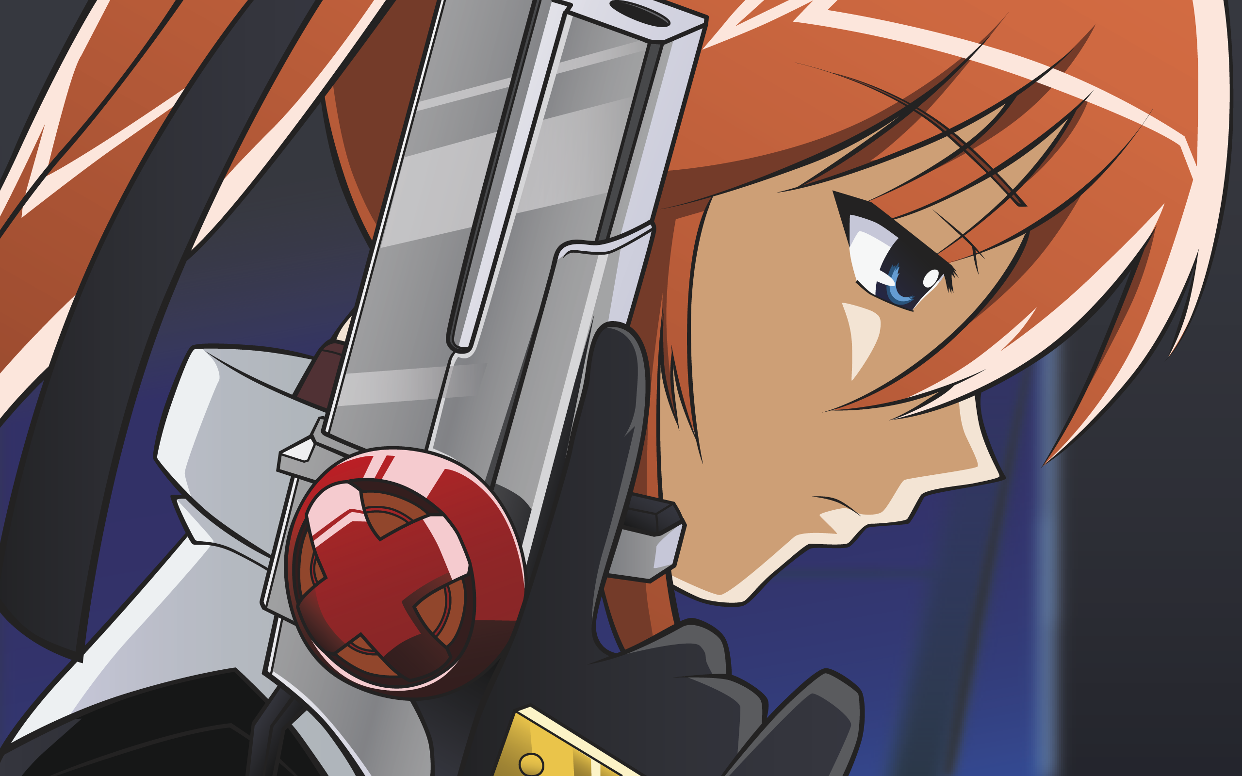 teana lanster, lyrical nanoha, mahou shoujo lyrical nanoha strikers, derivative work, highres, vector trace, 00s, gun, orange hair, weapon
