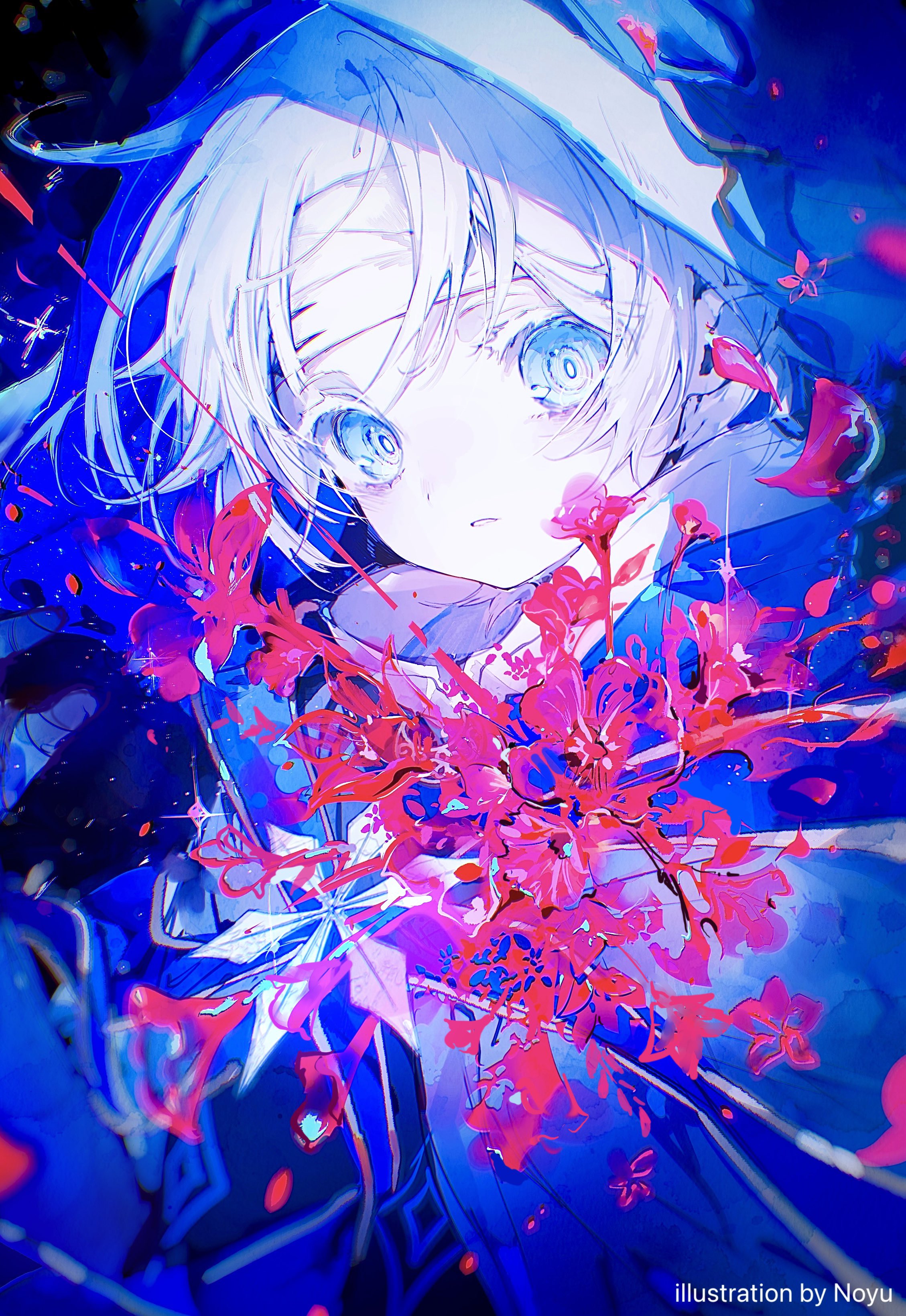 noyu (noyu23386566), original, absurdres, highres, 1boy, androgynous, bandages, blue eyes, blue theme, flower, headband, hood, looking at viewer, male focus, pale skin, parted lips, petals, red flower, short hair, solo, upper body, white hair
