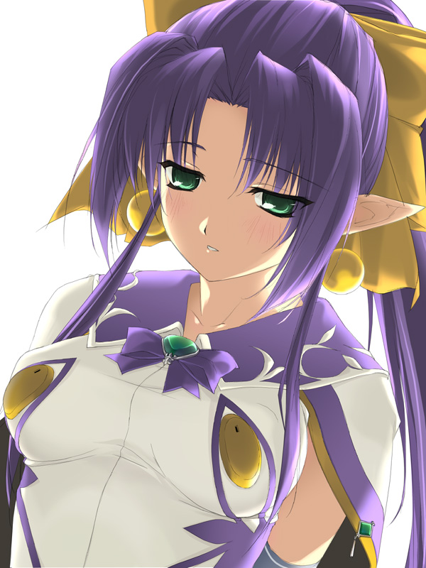 rokuwata tomoe, angelan, virtual on, 1girl, blush, breasts, earrings, elf, female focus, green eyes, jewelry, large breasts, long hair, mecha musume, pointy ears, purple hair, simple background, solo