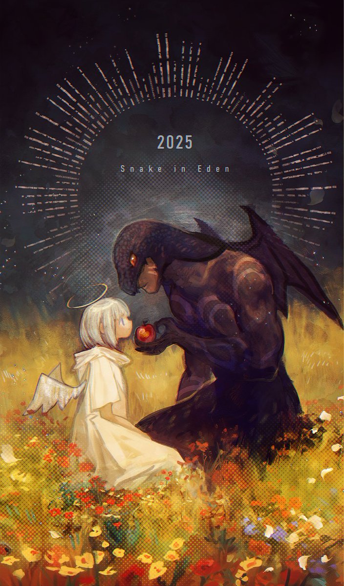 narita imomushi, eve (mythology), original, the bible, commentary request, highres, 1boy, 1girl, 2025, angel, angel wings, apple, black pants, body markings, chinese zodiac, closed mouth, dark-skinned male, dark skin, demon, demon boy, dress, english text, field, flower, flower field, food, fruit, grass, grey eyes, halo, hand up, holding, holding food, holding fruit, hood, hood down, hood up, hooded dress, kneeling, long dress, looking at another, medium hair, muscular, muscular male, on grass, pants, red eyes, red flower, serpent (bible), snake hood, white dress, white hair, wings, year of the snake, yellow flower