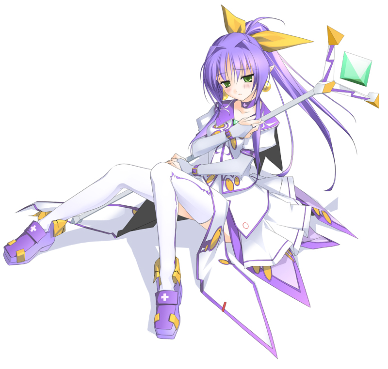 angelan, virtual on, artist request, tagme, 1girl, blush, female focus, green eyes, long hair, purple hair, sitting, skirt, solo, staff (weapon), thighhighs, white background
