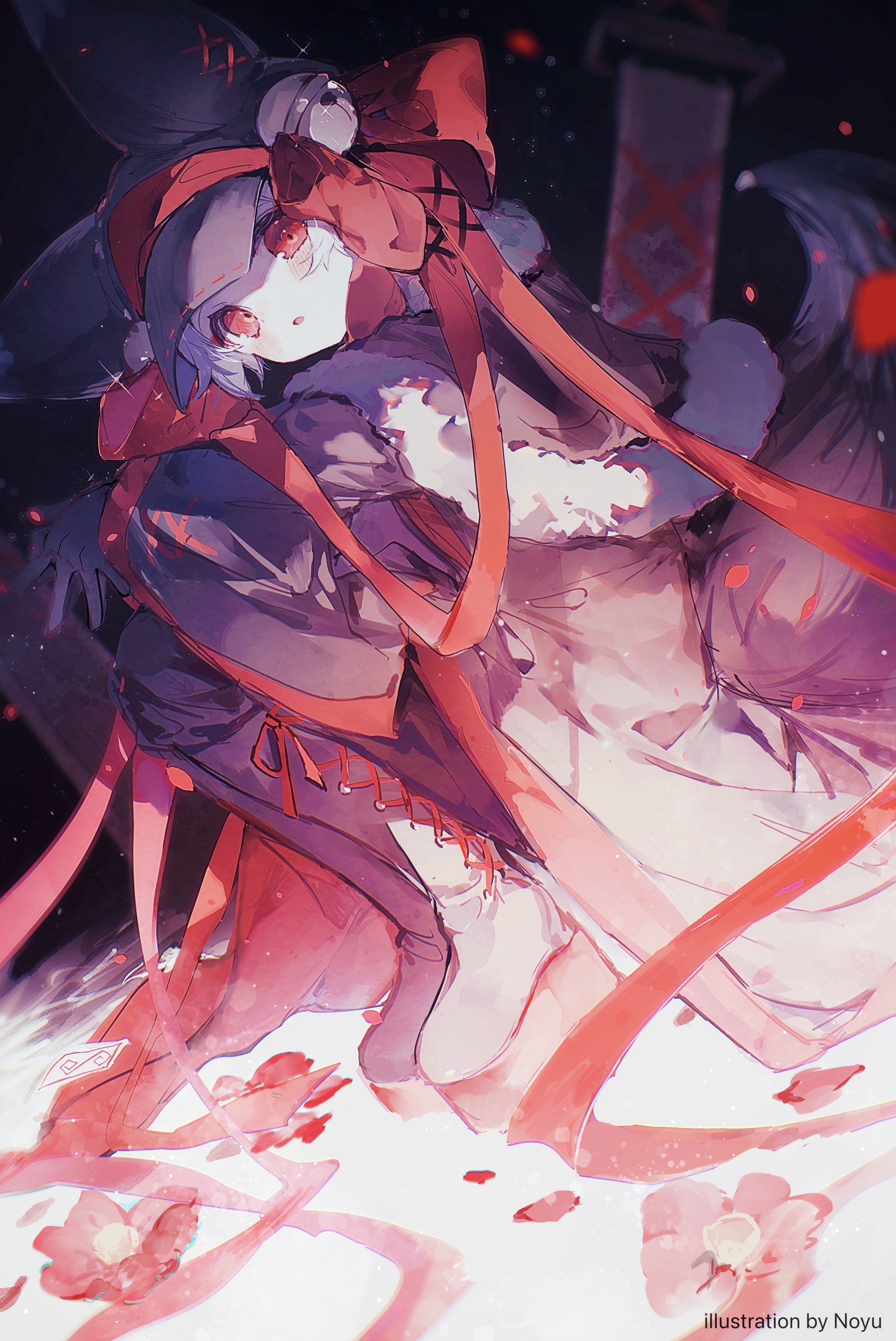 noyu (noyu23386566), original, absurdres, highres, 1boy, 1girl, animal ears, black capelet, black coat, black gloves, black pants, boots, capelet, coat, dutch angle, fox tail, fur-trimmed capelet, fur trim, gloves, hat, long sleeves, looking at viewer, male focus, pants, petals, red eyes, red ribbon, ribbon, solo, squatting, tail, white hair