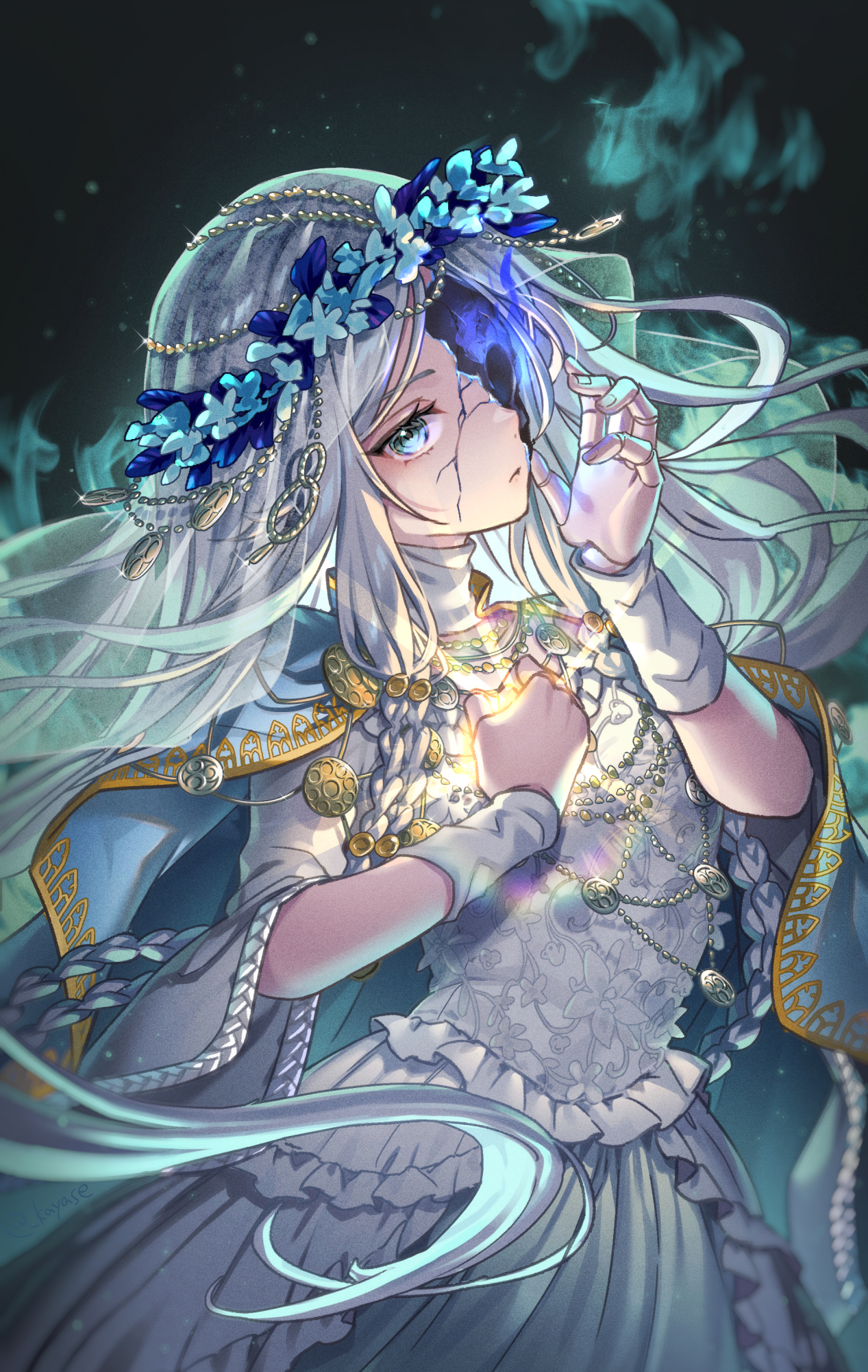 kayase, revenant (elden ring), elden ring, elden ring nightreign, highres, 1girl, blue eyes, braid, colored eyelashes, cracked skin, doll joints, dress, flower, frilled dress, frills, hair flower, hair ornament, holding, joints, long hair, looking at viewer, low twin braids, solo, twin braids, veil, white dress, white eyelashes, white hair, white veil