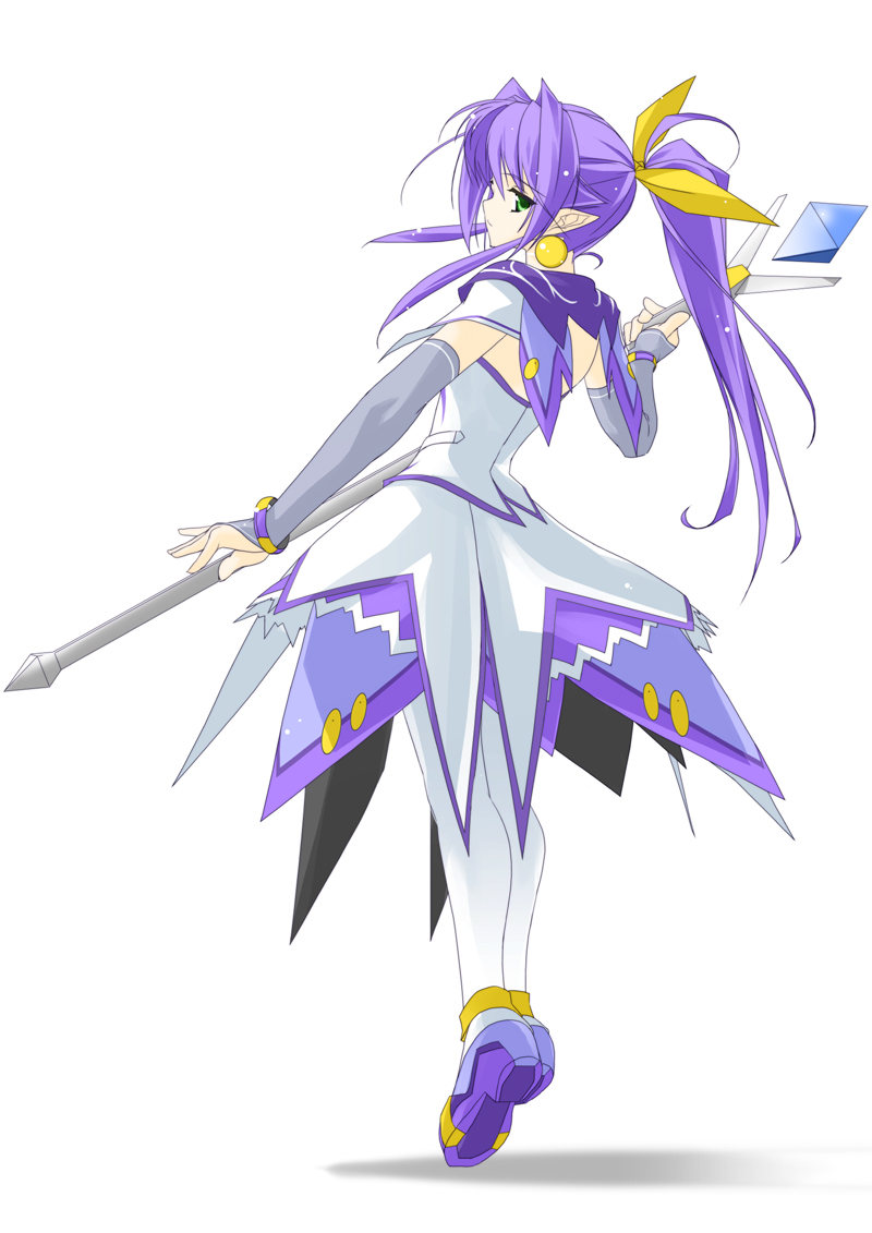 rokuwata tomoe, angelan, virtual on, 1girl, bow, detached sleeves, elf, female focus, long hair, pointy ears, ponytail, purple hair, skirt, solo, staff, thighhighs