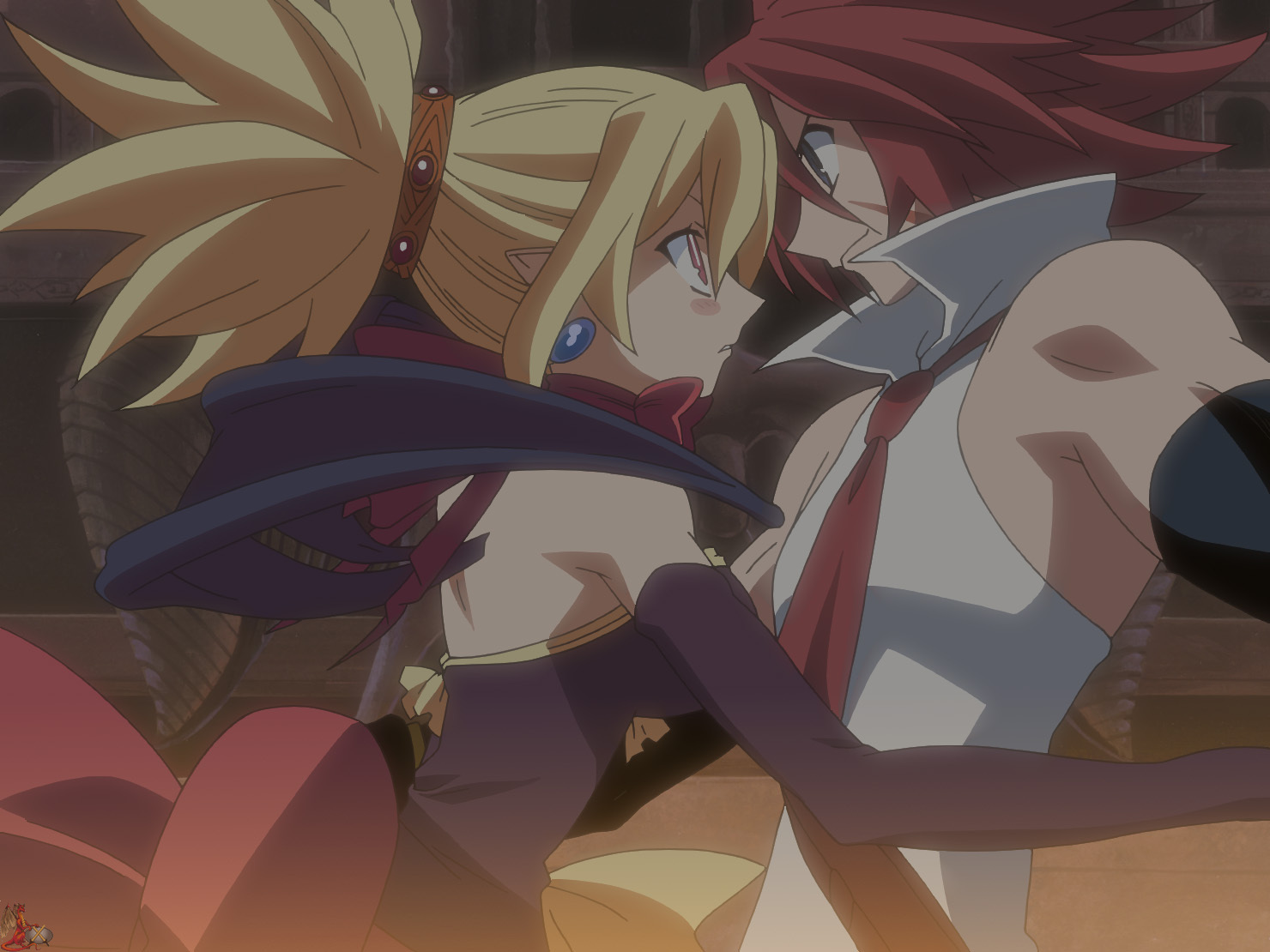 adell (disgaea), rozalin, disgaea, makai senki disgaea 2, bat wings, blonde hair, blush, dress, long hair, red eyes, red hair, wings