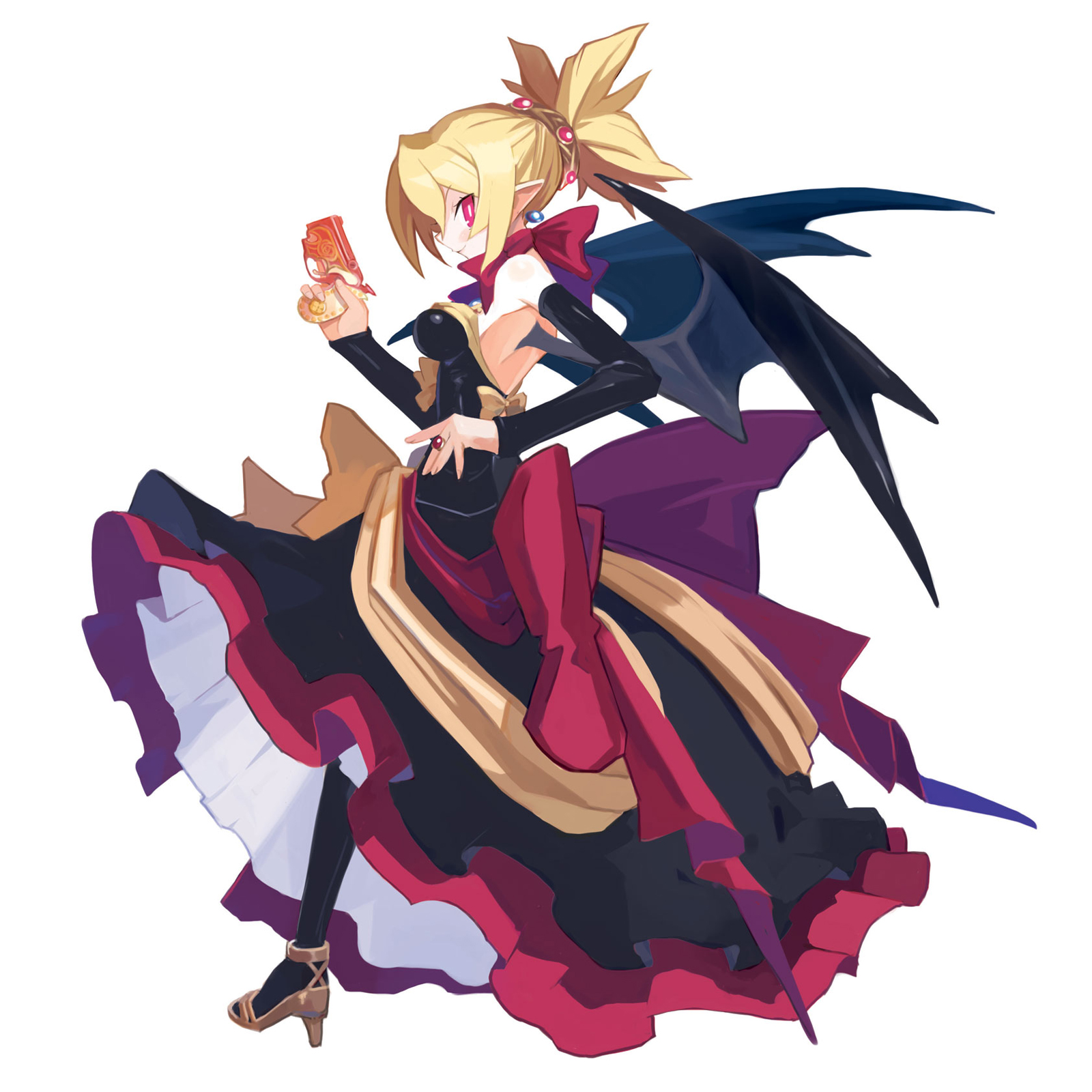 harada takehito, rozalin, disgaea, makai senki disgaea 2, nippon ichi, highres, official art, 1girl, back, backless dress, backless outfit, bare shoulders, bat wings, black dress, black thighhighs, black wings, blonde hair, blush, bow, bowtie, breasts, bright pupils, brooch, closed mouth, cute weapon, demon girl, demon wings, detached sleeves, dress, earrings, female focus, from side, full body, gun, hair between eyes, hair ornament, hand on own hip, handgun, high heel sandals, high heels, high ponytail, holding, holding gun, holding weapon, jewelry, layered dress, legs apart, light smile, long dress, long hair, looking at viewer, medium breasts, petticoat, pink bow, pink eyes, pistol, pointy ears, ponytail, profile, purple bow, red eyes, ribbon, ring, sandals, sash, shoes, short ponytail, simple background, skirt, slit pupils, smile, solo, spiked hair, standing, strapless, strapless dress, thighhighs, trigger discipline, weapon, white background, wings, yellow bow