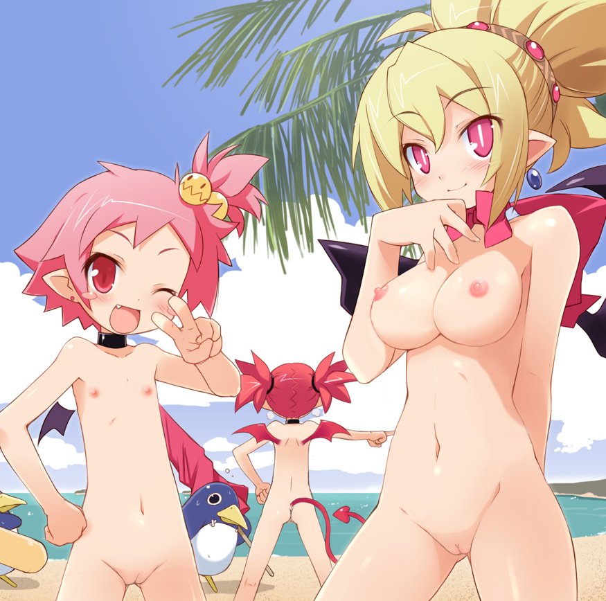 haga yui, etna (disgaea), hanako (disgaea), prinny, rozalin, disgaea, makai senki disgaea 2, nude filter, third-party edit, 3girls, :d, age difference, ass, bat wings, beach, blonde hair, blush, blush stickers, breasts, bright pupils, cleft of venus, cloud, cowboy shot, day, demon, demon girl, demon wings, fang, from behind, hand on own hip, horizon, loli, long hair, medium breasts, multiple girls, nature, nipples, nude, ocean, one eye closed, open mouth, outdoors, pink hair, pointy ears, pussy, red eyes, red hair, short hair, sky, small breasts, smile, standing, tail, twintails, uncensored, v, water, white pupils, wings, wink