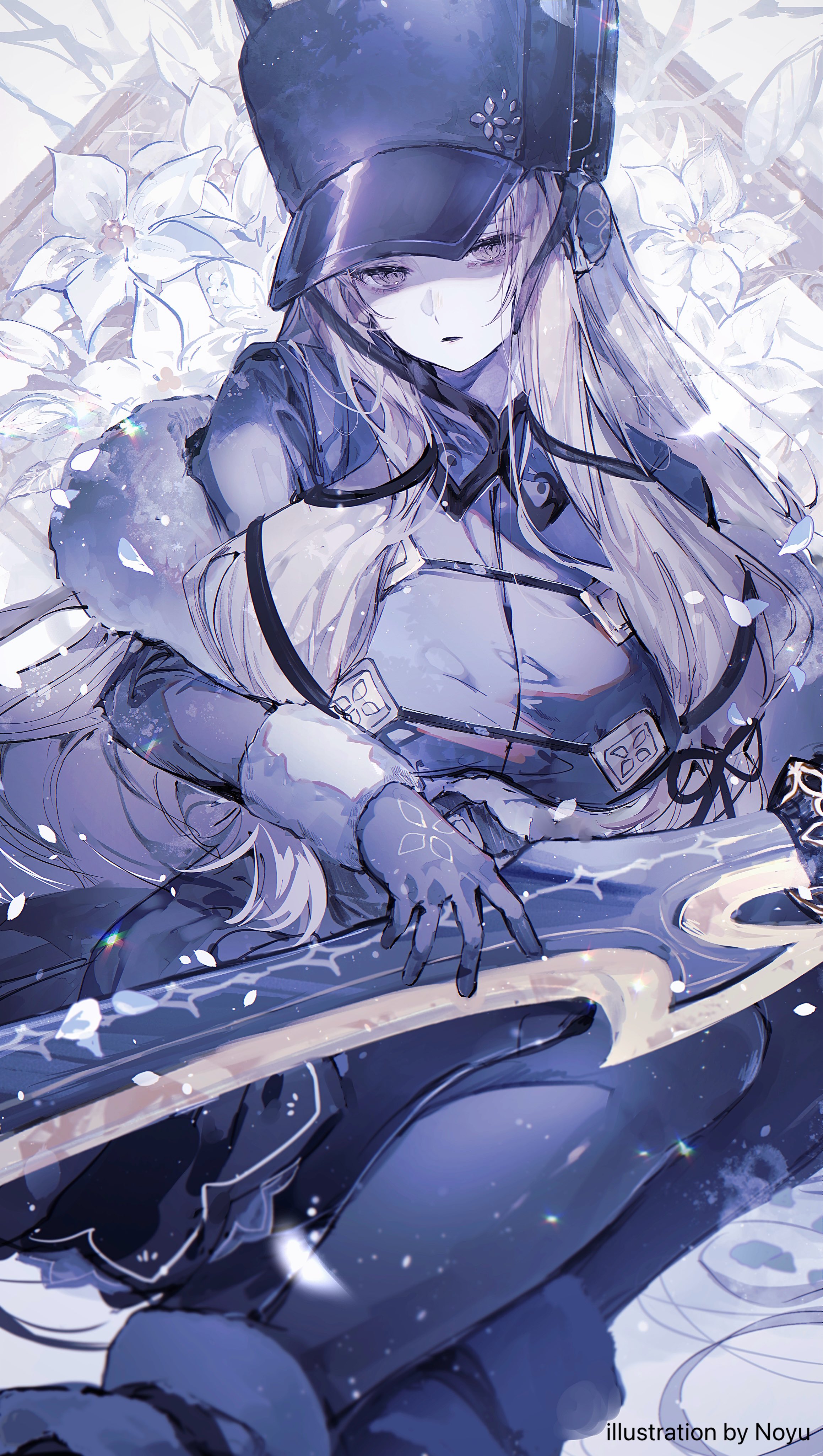 noyu (noyu23386566), original, absurdres, highres, 1girl, breasts, coat, flower, fur trim, gloves, hair ribbon, head out of frame, holding, holding weapon, long hair, long sleeves, pantyhose, parted lips, petals, ribbon, solo, sword, very long hair, virtual youtuber, weapon