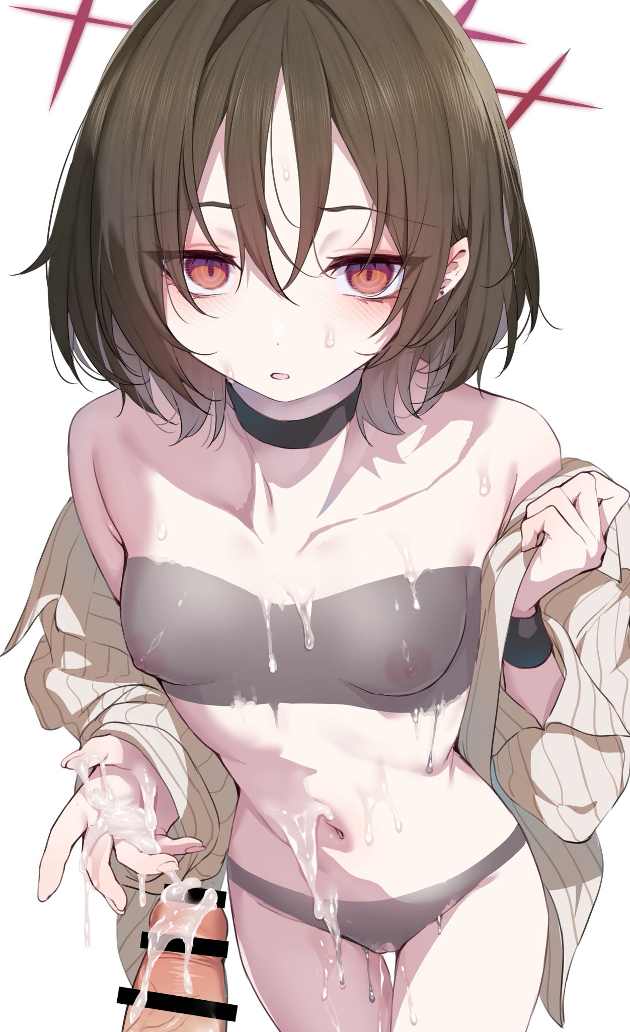 uko magi, misaki (blue archive), misaki (swimsuit) (blue archive), blue archive, highres, 1boy, 1girl, bar censor, black choker, black hair, bodypaint, breasts, brown shirt, censored, choker, cowboy shot, cum, cum on body, cum on hands, cum on stomach, erection, hair between eyes, halo, hetero, looking at viewer, navel, nipples, nude, open clothes, open shirt, painted clothes, parted lips, penis, red eyes, red halo, shirt, short hair, simple background, small breasts, solo focus, stomach, white background