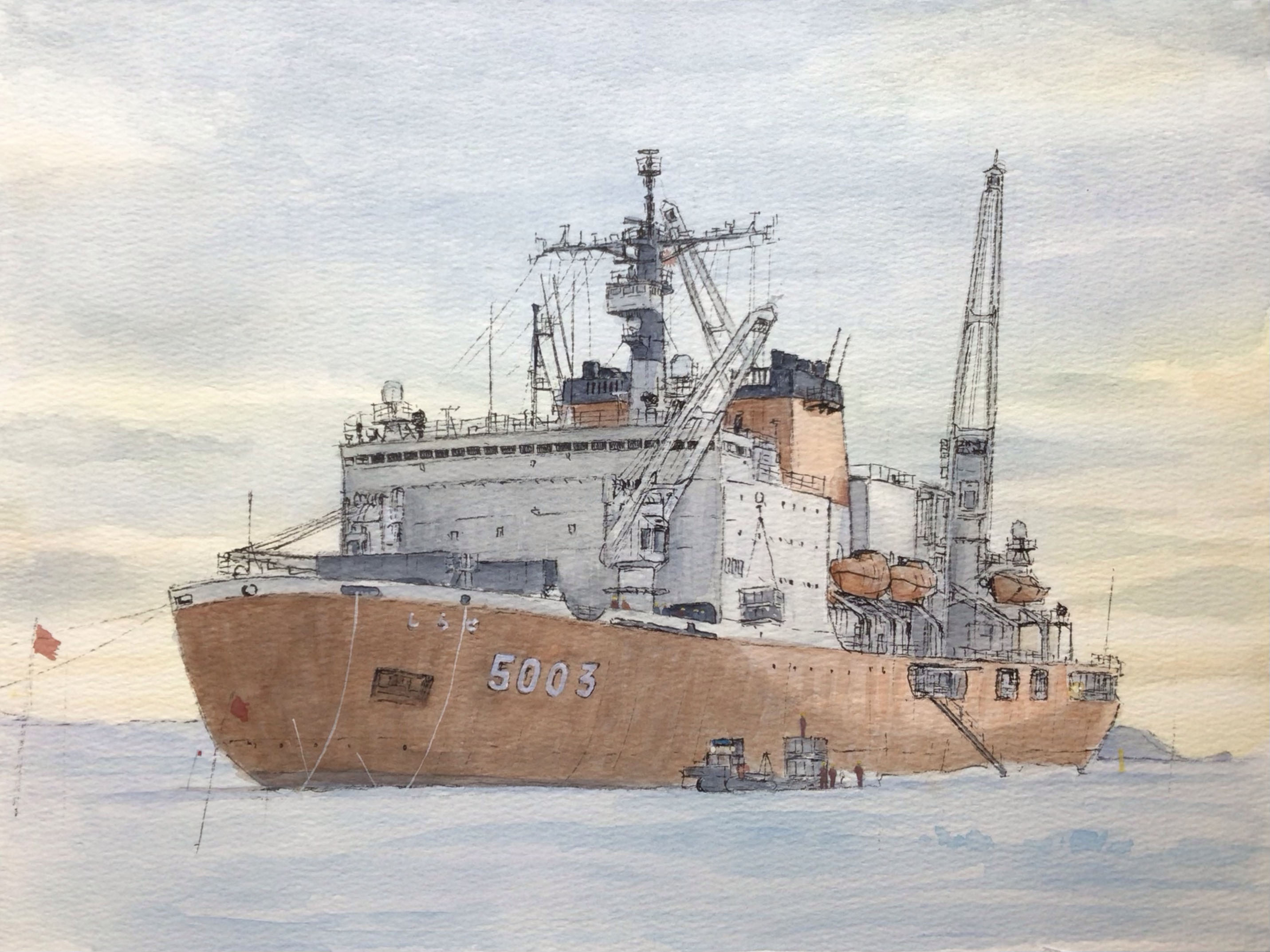atelier bono, japan maritime self-defense force, japan self-defense force, original, commentary request, highres, painting (medium), traditional media, watercolor (medium), cloud, cloudy sky, crane (machine), flag, icebreaker ship, lifeboat, mast, military, no humans, outdoors, scenery, ship, shirase (agb-5003), sky, smokestack, sunrise, vehicle focus, watercraft