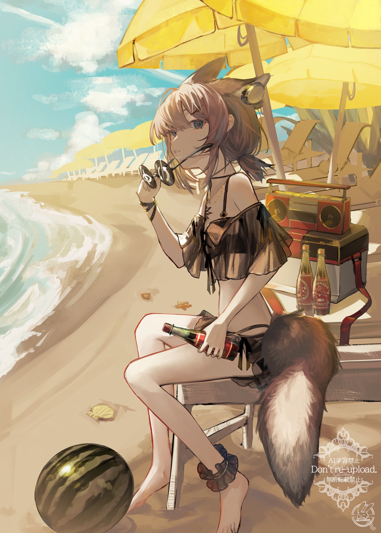 hemorina, sussurro (arknights), sussurro (summer flower) (arknights), arknights, commentary request, highres, 1girl, animal ears, barefoot, beach, beach umbrella, bikini, black bikini, bottle, food, fox ears, fox girl, fox tail, fruit, holding, outdoors, sand, sitting, solo, swimsuit, tail, umbrella