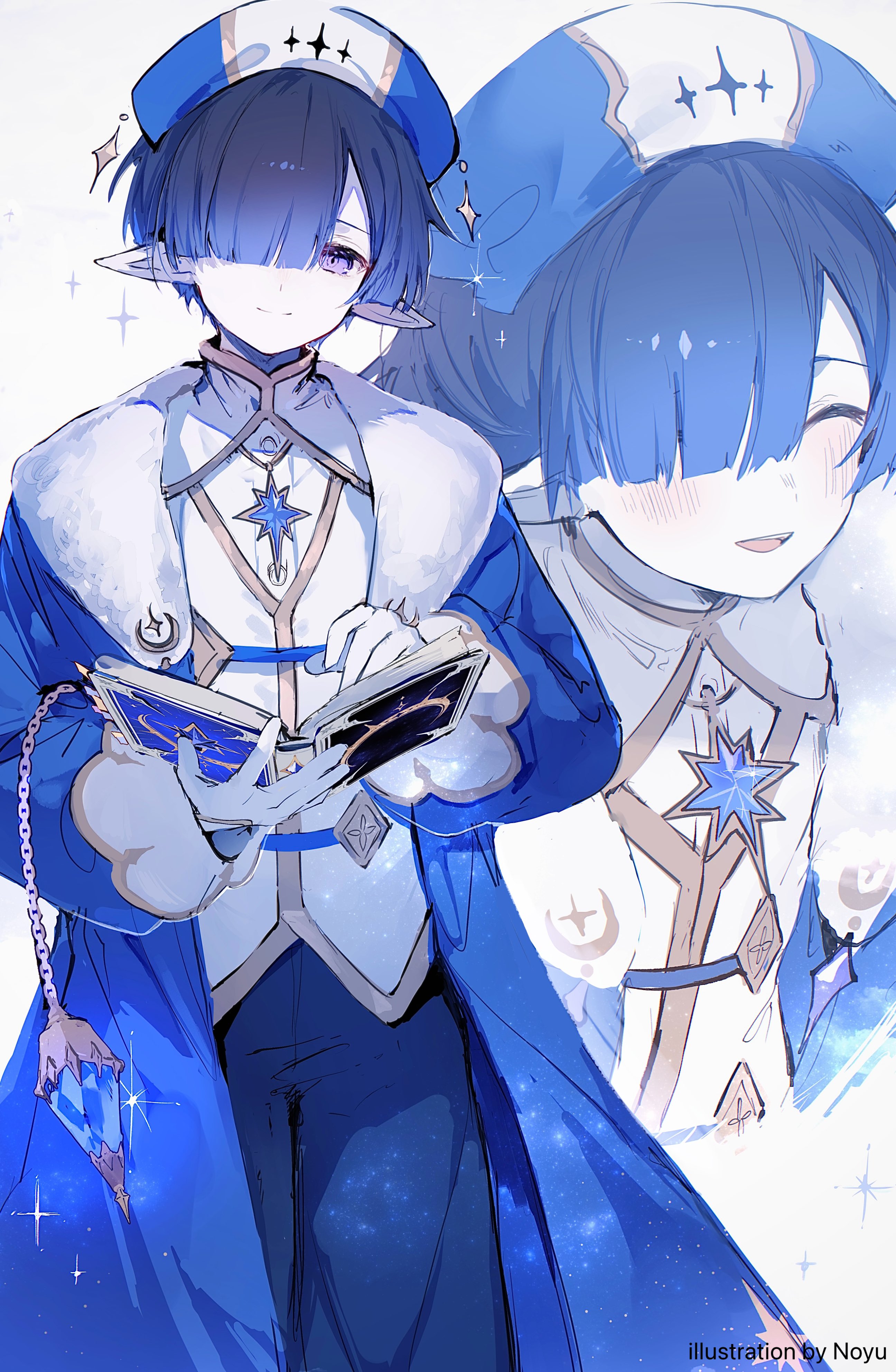 noyu (noyu23386566), original, absurdres, highres, 1boy, bishounen, blue hair, blush, book, closed eyes, gloves, hair over one eye, holding, holding book, horns, looking at viewer, male focus, multiple views, pointy ears, purple eyes, short hair, smile
