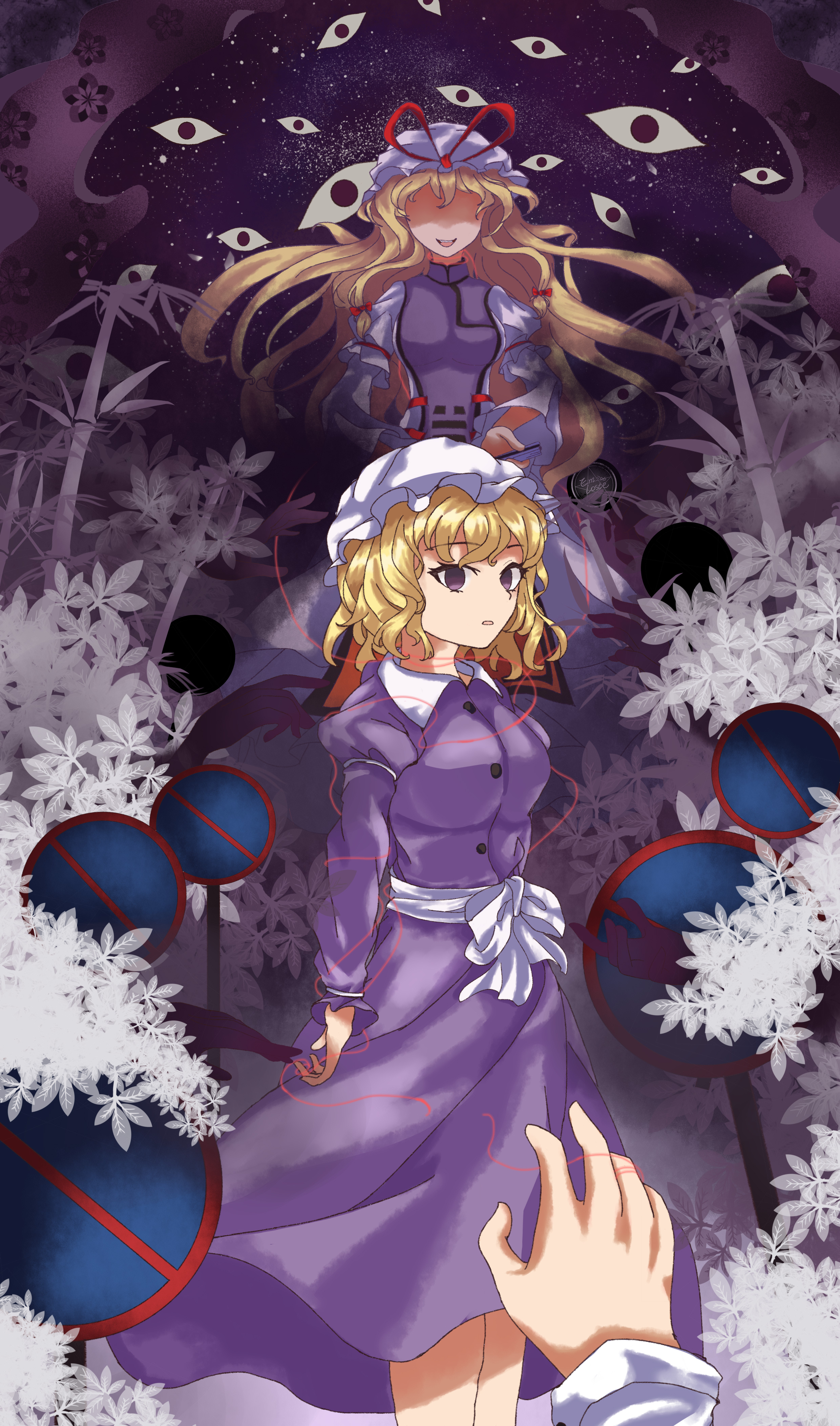 usami renko, yakumo yukari, touhou, absurdres, highres, 3girls, artist name, blonde hair, breasts, dress, emloste, empty eyes, flower, gap (touhou), hair ribbon, hat, hat ribbon, long hair, medium breasts, mob cap, multiple girls, night, open mouth, outstretched arm, purple dress, purple eyes, purple tabard, red ribbon, ribbon, sash, shaded face, shirt, short hair, star (sky), string, string of fate, tabard, tree, white dress, white hat, white shirt, white sleeves