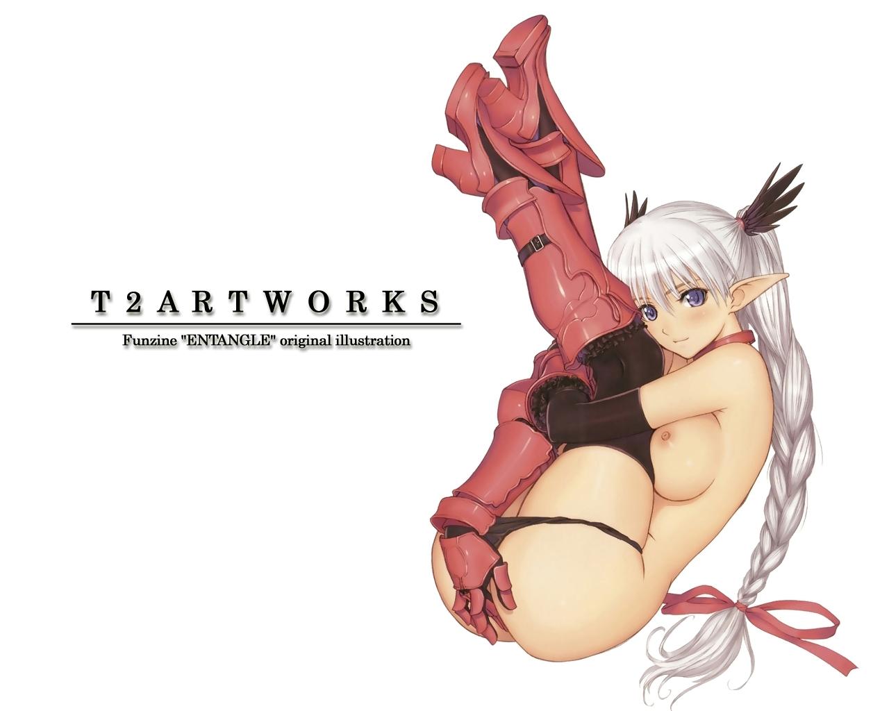 armor, breasts, elf, long hair, masturbation, nude, panties, pointy ears, thighhighs, underwear