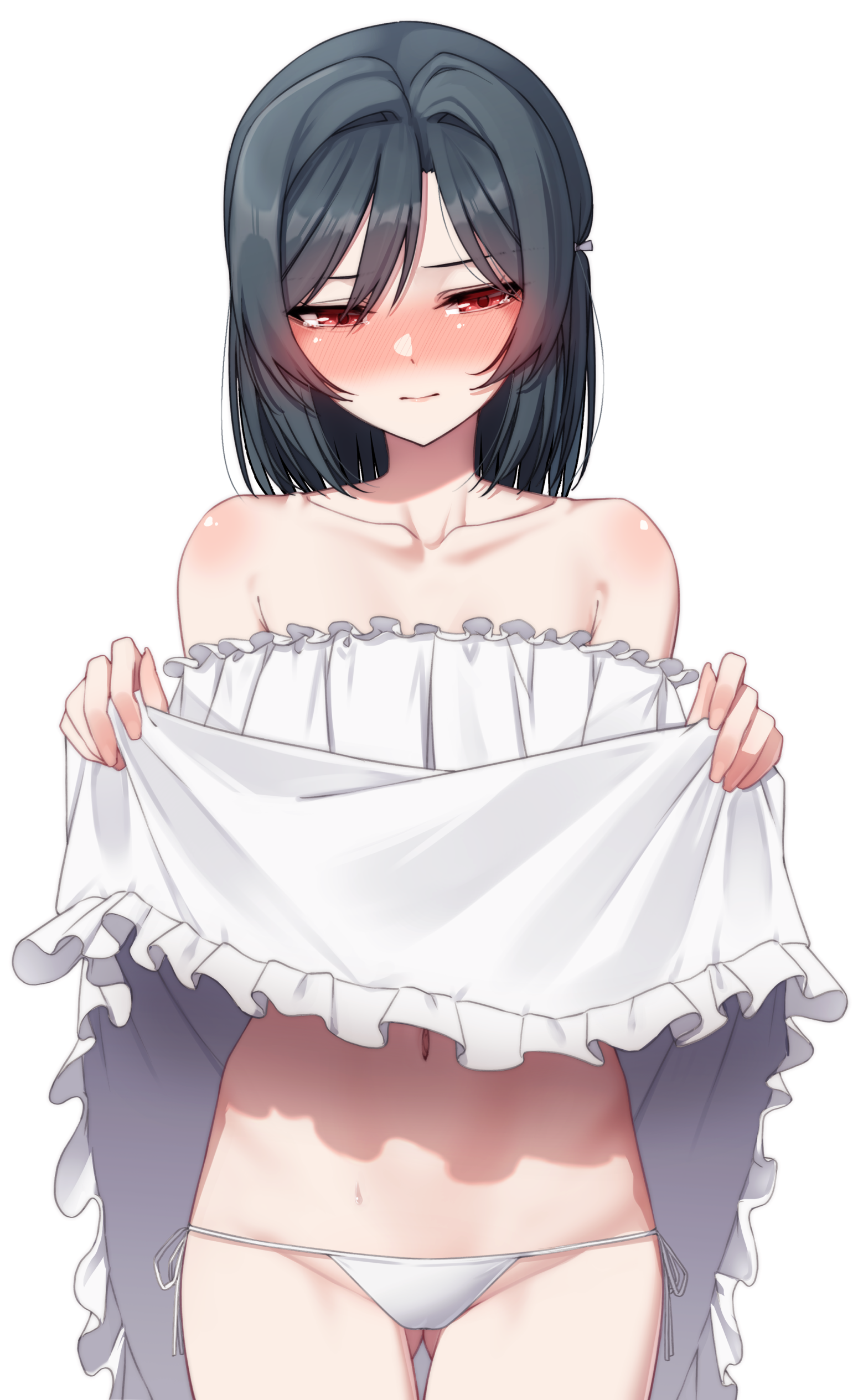 nasuno (nasuno42), mifune shioriko, love live!, love live! nijigasaki high school idol club, absurdres, commentary request, highres, 1girl, bare shoulders, black hair, blush, closed mouth, clothes lift, collarbone, cowboy shot, dress, dress lift, frilled dress, frills, gluteal fold, lifting own clothes, looking to the side, medium hair, navel, nose blush, off-shoulder dress, off shoulder, panties, red eyes, side-tie panties, simple background, solo, standing, stomach, straight-on, strapless, strapless dress, sweat, underwear, white background, white dress, white panties