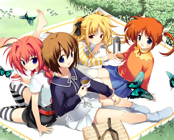 nanoha, fate testarossa, takamachi nanoha, vita (nanoha), yagami hayate, lyrical nanoha, mahou shoujo lyrical nanoha, mahou shoujo lyrical nanoha a's, striped legwear, 00s, 4girls, blonde hair, blue skirt, blush, bush, field, grass, long hair, looking at viewer, multiple girls, orange shirt, picnic, pleated skirt, red eyes, shirt, short hair, skirt, striped clothes, striped thighhighs, sweater, t-shirt, thighhighs, towel, twintails, zettai ryouiki
