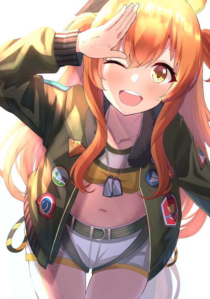 guram, mayano top gun (umamusume), umamusume, commentary, 1girl, ;d, animal ears, arm up, belt, belt buckle, blush, bomber jacket, bow, breasts, brown ribbon, buckle, collarbone, cowboy shot, crop top, dog tags, ear bow, ear ribbon, green belt, green jacket, hair between eyes, hand up, horse ears, horse girl, horse tail, jacket, long hair, long sleeves, looking at viewer, midriff, navel, one eye closed, open clothes, open jacket, open mouth, orange eyes, orange hair, orange tail, ribbon, salute, shirt, short shorts, shorts, simple background, small breasts, smile, solo, standing, sunlight, tail, tank top, teeth, two side up, upper teeth only, white background, white shorts