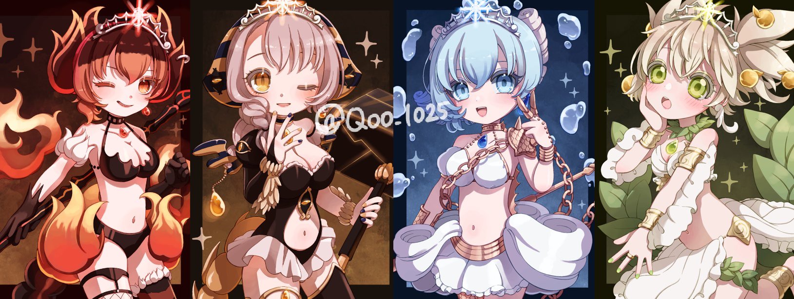 qoo 1025, princess deluge, mahou shoujo ikusei keikaku, mahou shoujo ikusei keikaku jokers, highres, 4girls, black panties, blue eyes, blue hair, blush, crown, fire, green eyes, hammer, leaf, magical girl, multiple girls, navel, one eye closed, panties, princess inferno, princess quake, princess tempest, red eyes, red hair, short hair, smile, thighhighs, underwear, white hair, yellow eyes