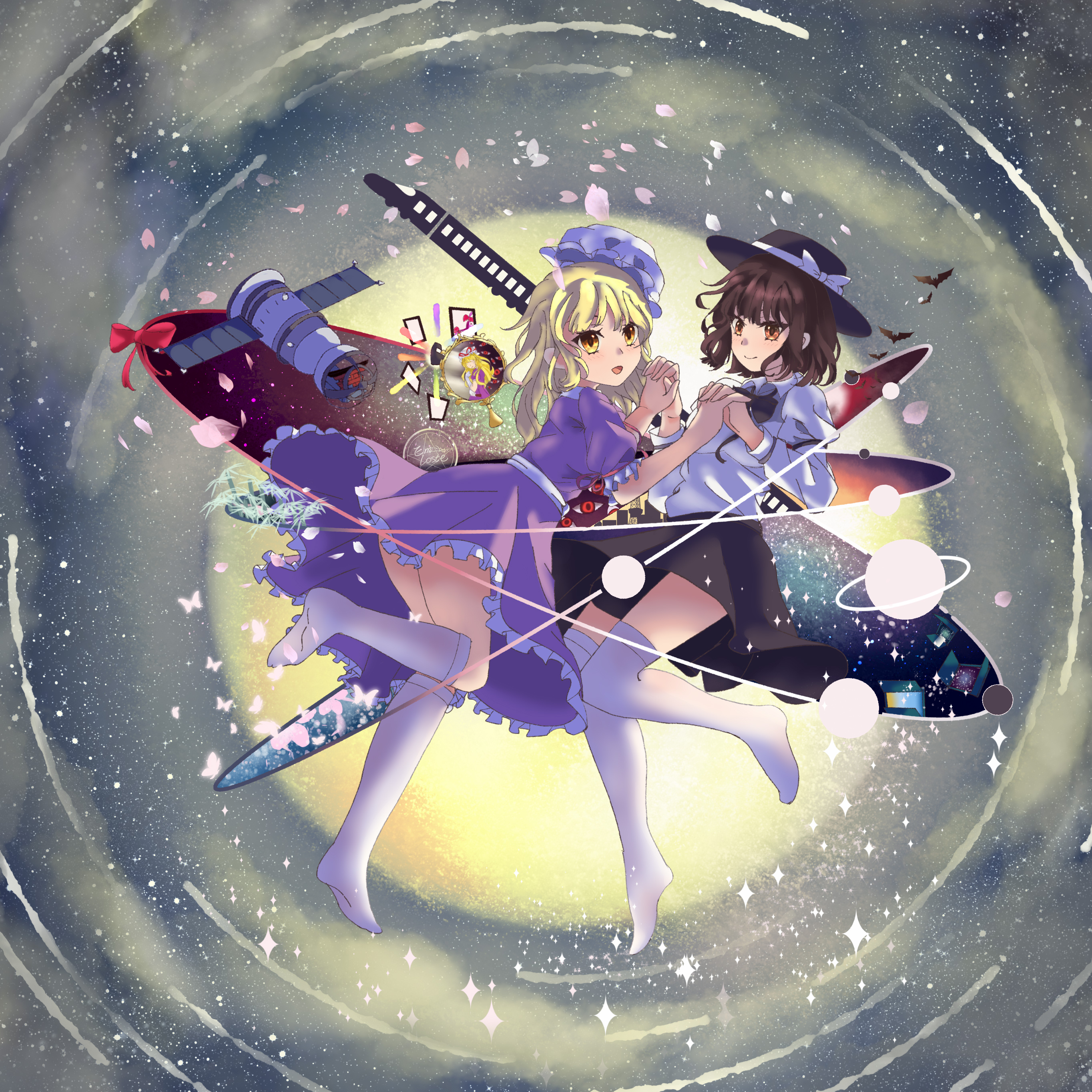 maribel hearn, yakumo yukari, touhou, absurdres, highres, 3girls, arm garter, bat (animal), black bow, black bowtie, black hat, black skirt, blonde hair, bow, bowtie, breasts, brown eyes, brown hair, bug, butterfly, city, door, dress, emloste, fedora, floating, floating hat, flower, frills, gap (touhou), hat, hat bow, holding hands, insect, leg up, medium breasts, multiple girls, purple dress, sash, satellite, saturn (planet), shirt, skirt, sky, socks, space, star (symbol), string, swirl, torifune (touhou), train, white hat, white shirt, white socks, yellow eyes, yuri